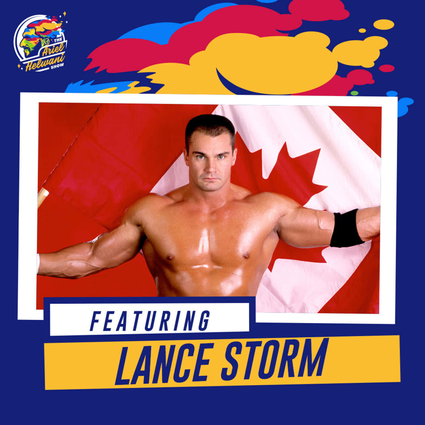 Canadian 桌布 壁紙 — 肌肉發達的摔角手 Lance Storm 自信地擺姿勢，手持加拿大國旗，背景是充滿活力的抽象圖案。