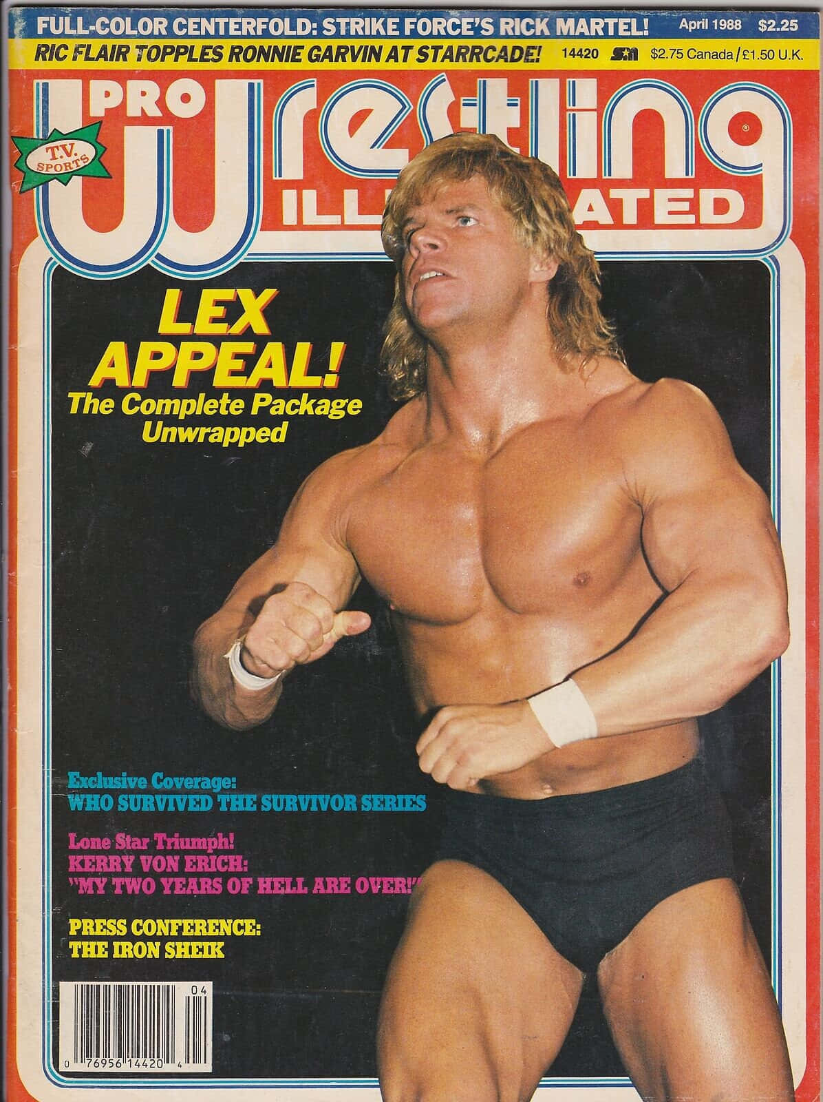 Magazine 桌布 壁紙 — 肌肉發達的摔角手 Lex Luger 在復古的 Pro Wrestling Illustrated 雜誌封面上凝視著。
