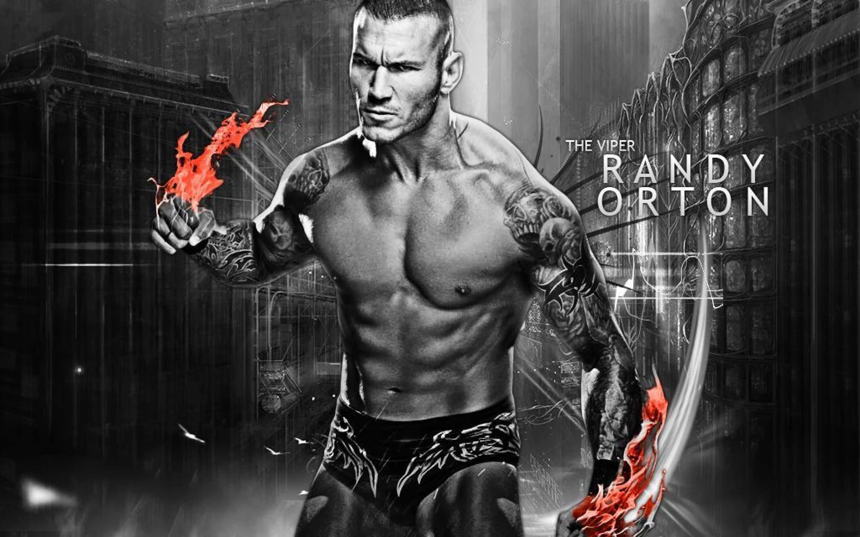 Cool WWE 桌布 壁紙 — 肌肉發達的摔角手 Randy Orton 拳頭噴出熾熱的紅色火焰，站在一個粗糙的城市環境中。