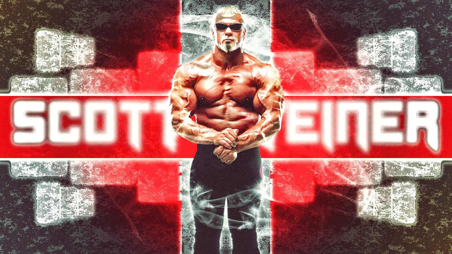 Athletic 桌布 壁紙 — 肌肉發達的摔角手 Scott Steiner 自信地戴著太陽眼鏡，站在一個大膽的紅黑圖形背景前，背景上顯示著他的名字。