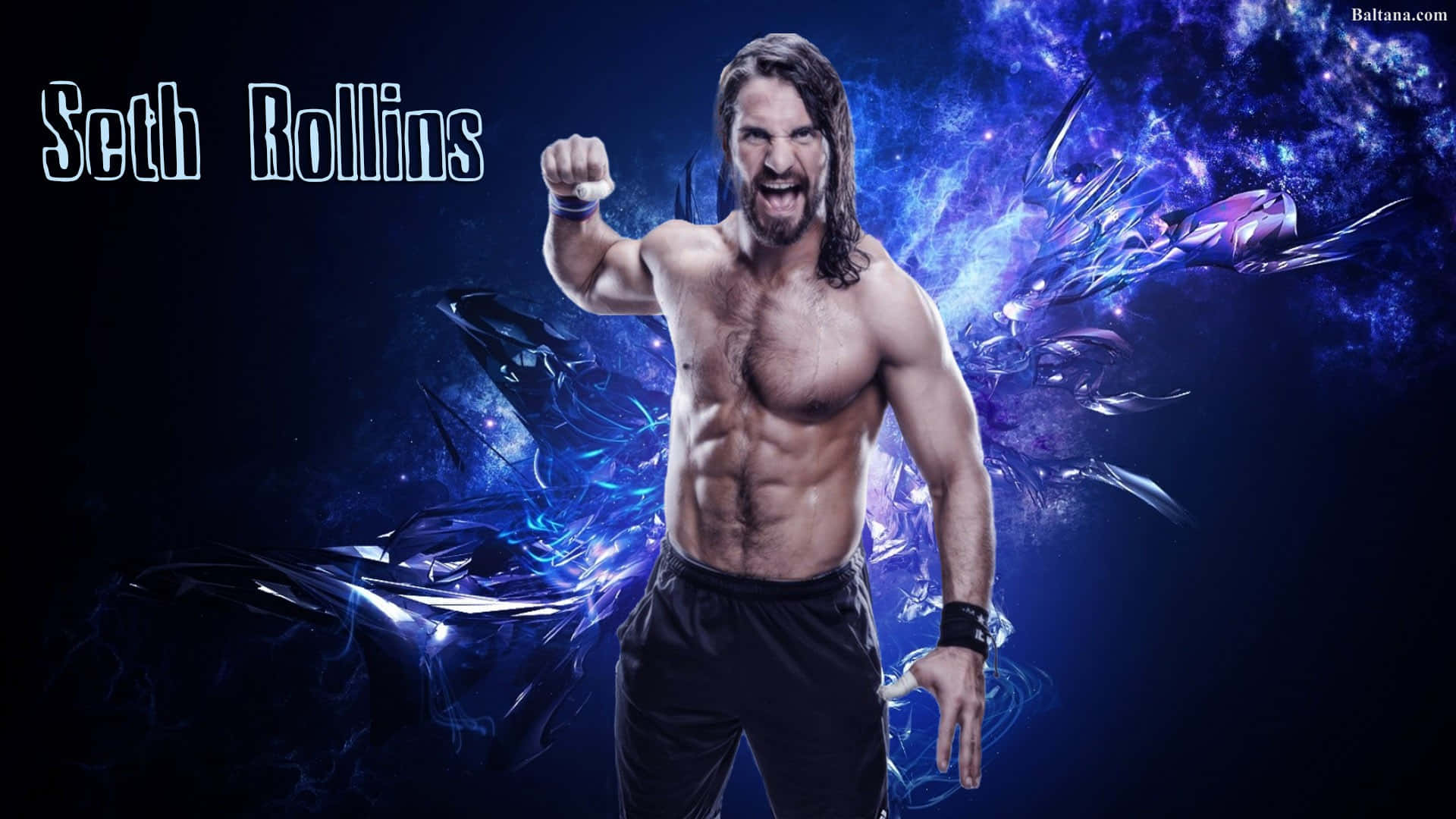 WWE 桌布 壁紙 — 肌肉發達的摔角手 Seth Rollins 握緊拳頭，在宇宙藍色能量爆發背景下咆哮。