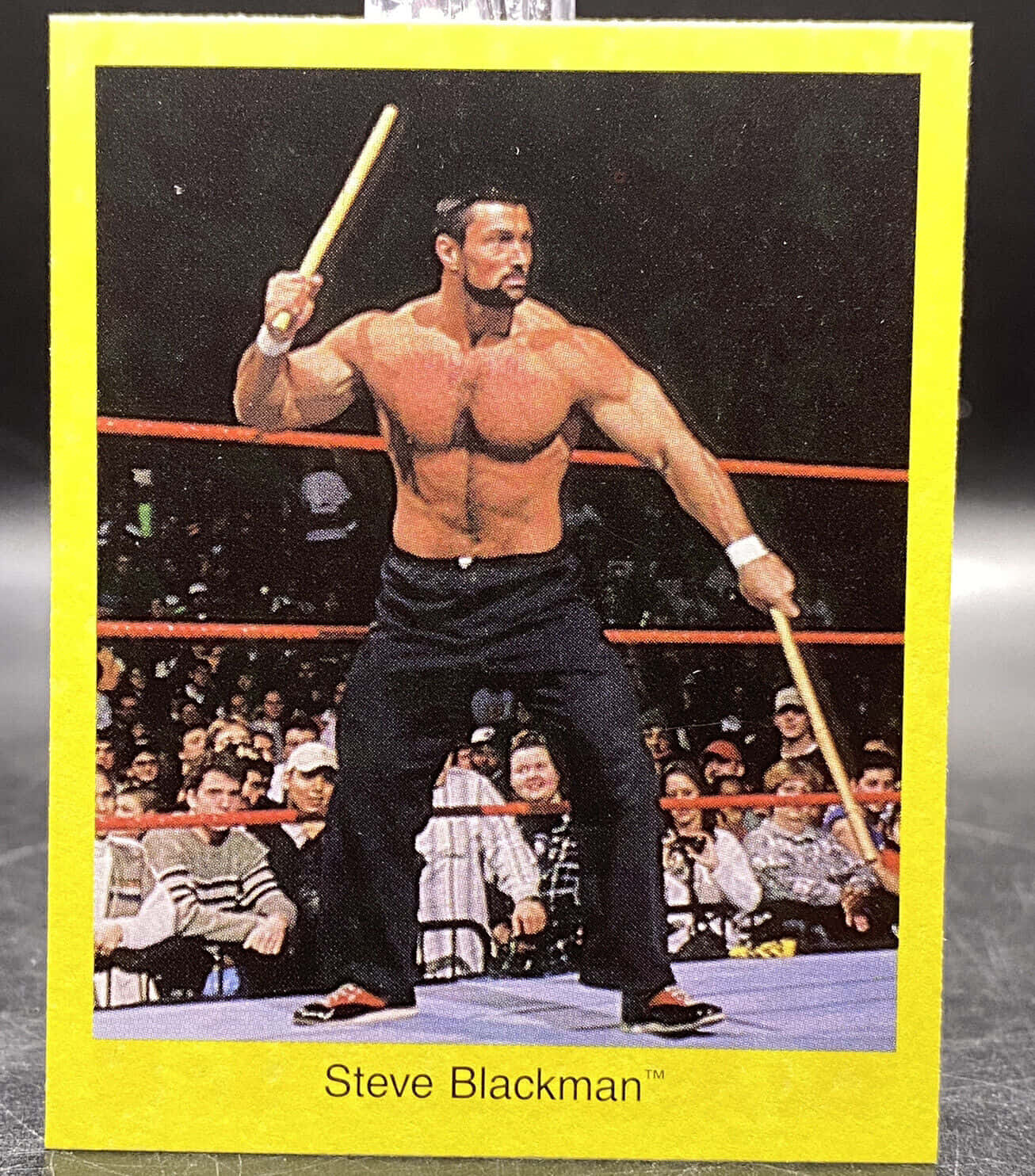 Athlete 桌布 壁紙 — 肌肉發達的摔角手 Steve Blackman 站在擂台上，手持兩根木棍，而群眾正在觀看。