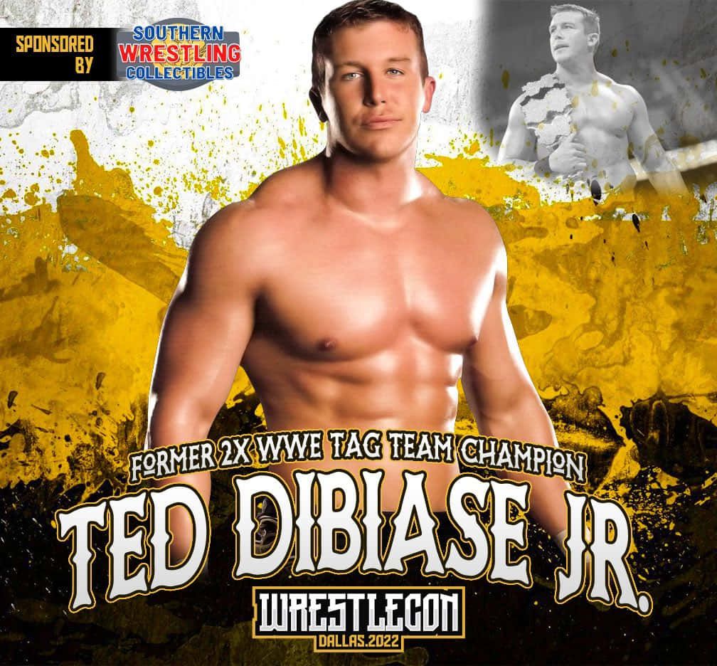 摔角 桌布 壁紙 — 肌肉發達的摔角手 Ted DiBiase Jr. 自信地凝視著帶有冠軍文字的鮮明黃黑潑濺背景。