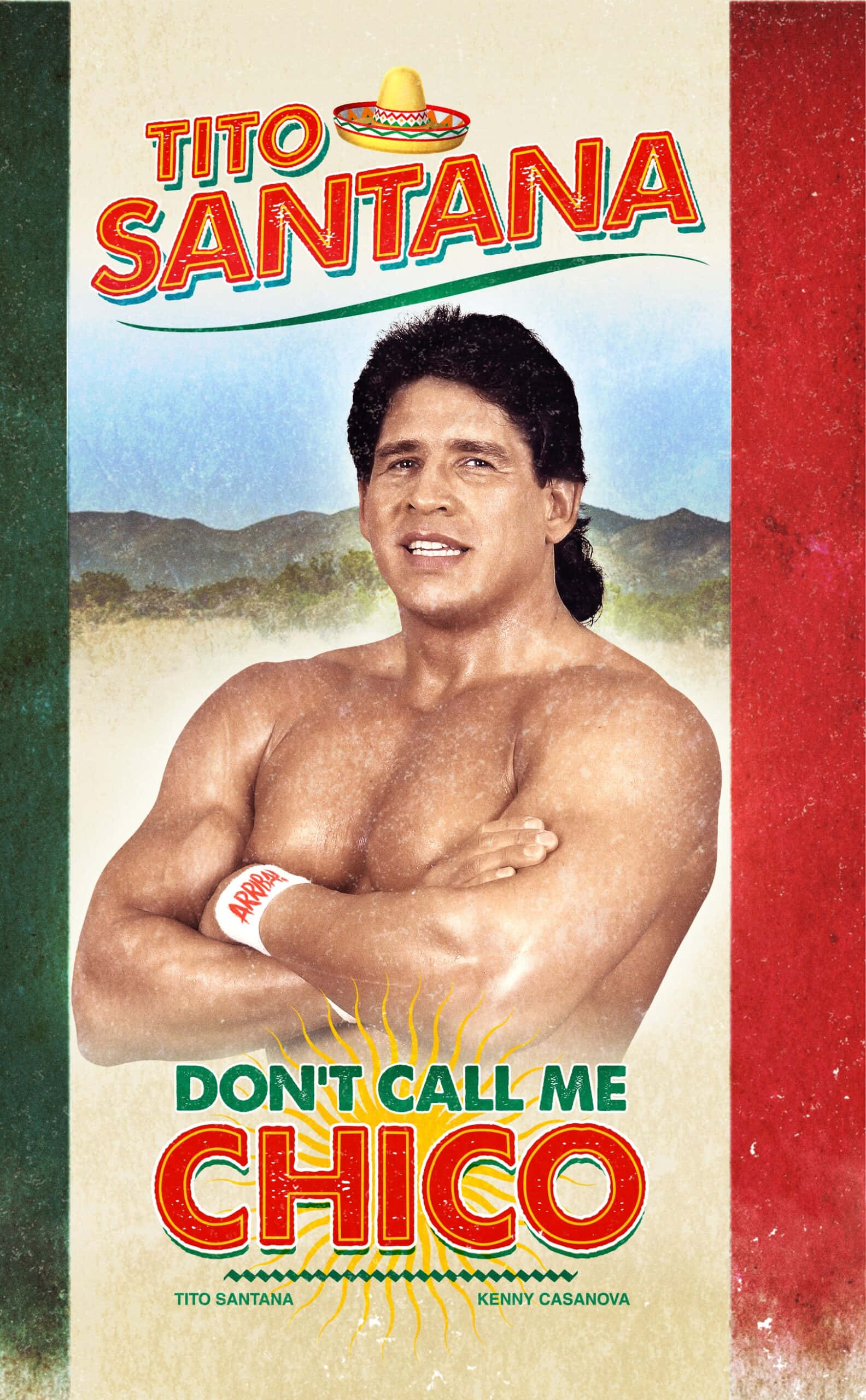 poster 桌布 壁紙 — 肌肉發達的摔角手 Tito Santana 自信地交叉雙臂，站在藍天下以山為背景。
