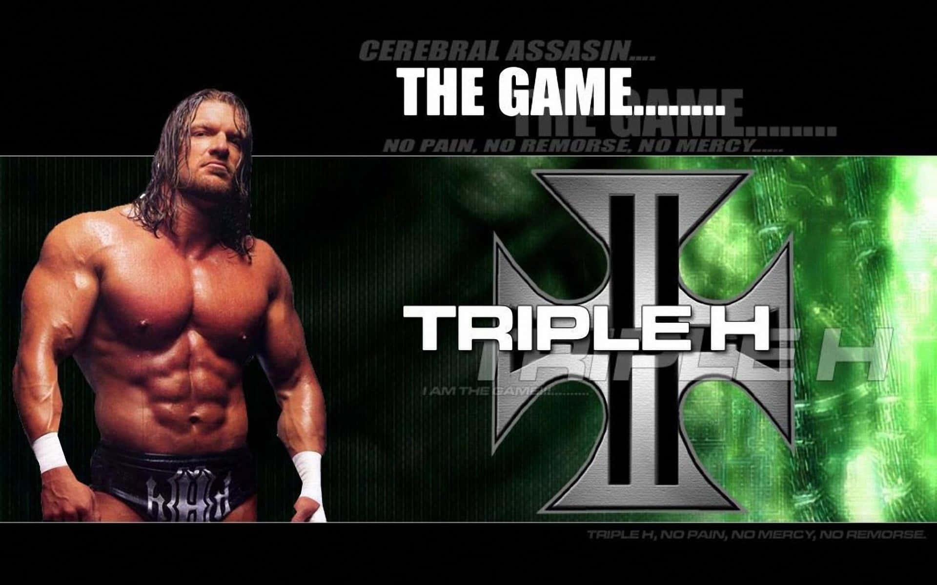 WWE 桌布 壁紙 — 肌肉發達的摔角手 Triple H 赤裸上身，站在深綠色數位背景前，背景帶有發光綠色效果和他的標誌。