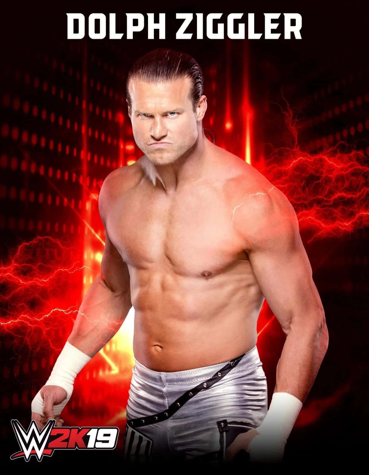 摔角 桌布 壁紙 — 肌肉發達的摔角手Dolph Ziggler在WWE 2K19宣傳藝術中，對著熾熱的紅色閃電背景凝視。