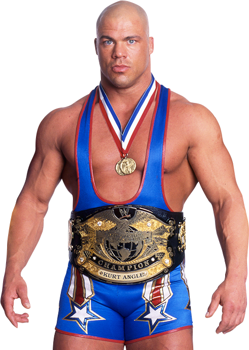 WWE 桌布 壁紙 — 肌肉發達的摔角手Kurt Angle穿著帶有星星的愛國藍色短褲和冠軍腰帶，眼神專注。
