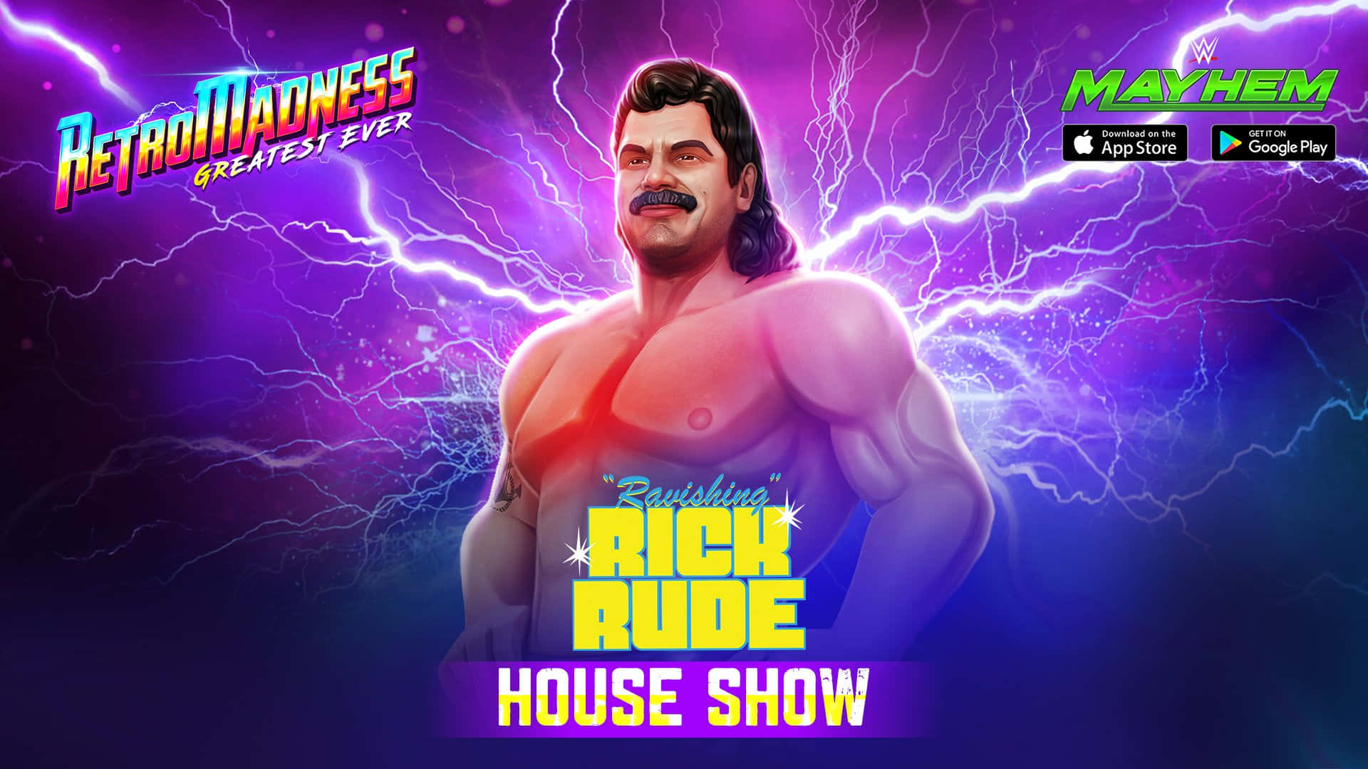 Wrestling 桌布 壁紙 — 肌肉發達的摔角手Rick Rude留著鬍子，站在充滿紫色閃電的背景前，帶有遊戲標題文字。