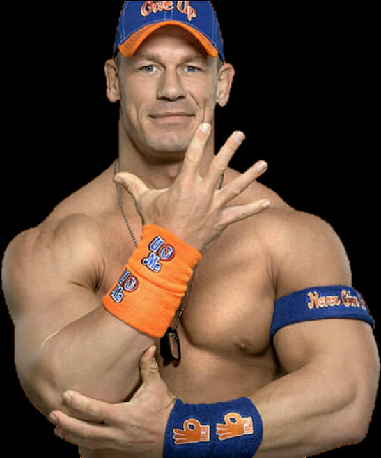 WWE 桌布 壁紙 — 肌肉發達的摔角手約翰·希南在黑色背景前自信地擺出姿勢，身穿藍色和橙色裝備。