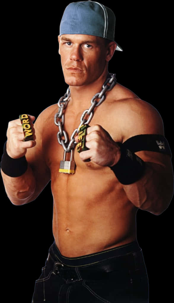 WWE 桌布 壁紙 — 肌肉發達的摔角手約翰·希南在黑色背景下，手持帶有掛鎖和'WORD'腕帶的鏈條，眼神專注。