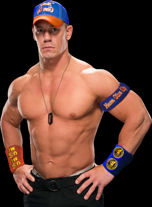 WWE 桌布 壁紙 — 肌肉發達的男子戴著藍色帽子和腕帶，在黑色背景前自信地擺姿勢。