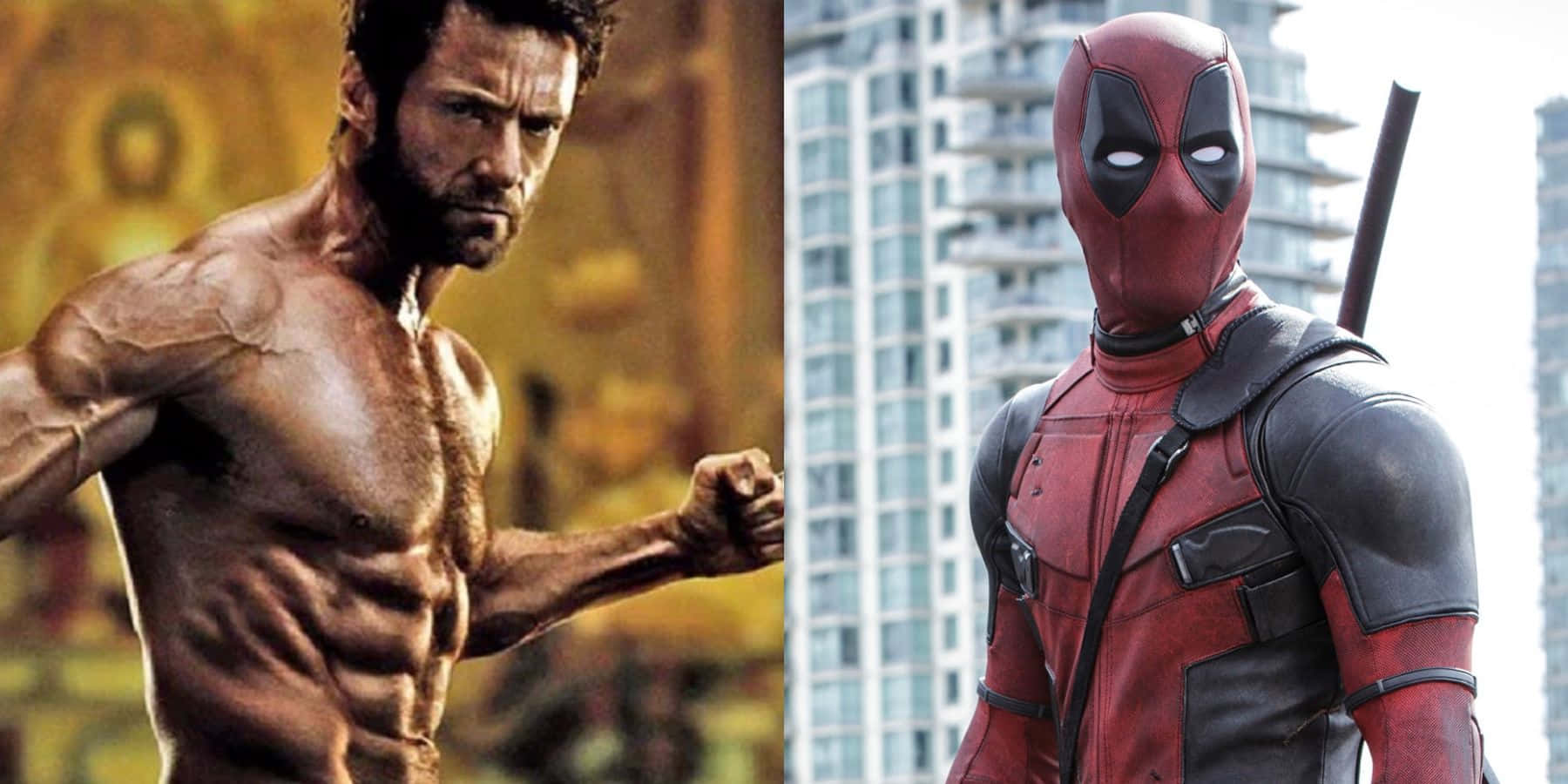 Deadpool And Wolverine 桌布 壁紙 — 肌肉發達的金鋼狼在金色光線中面對戴面具的死侍，背景是城市摩天大樓。