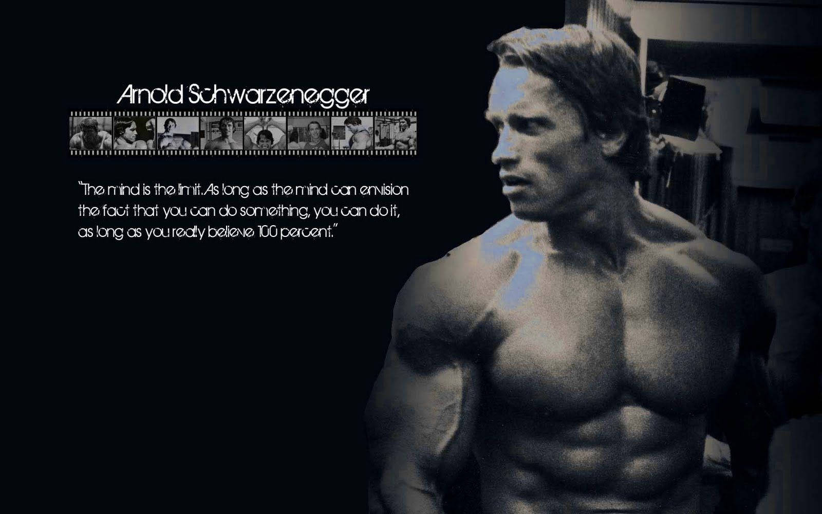 Arnold 桌布 壁紙 — 肌肉發達的阿諾·史瓦辛格以黑白呈現，並疊加勵志名言文字。