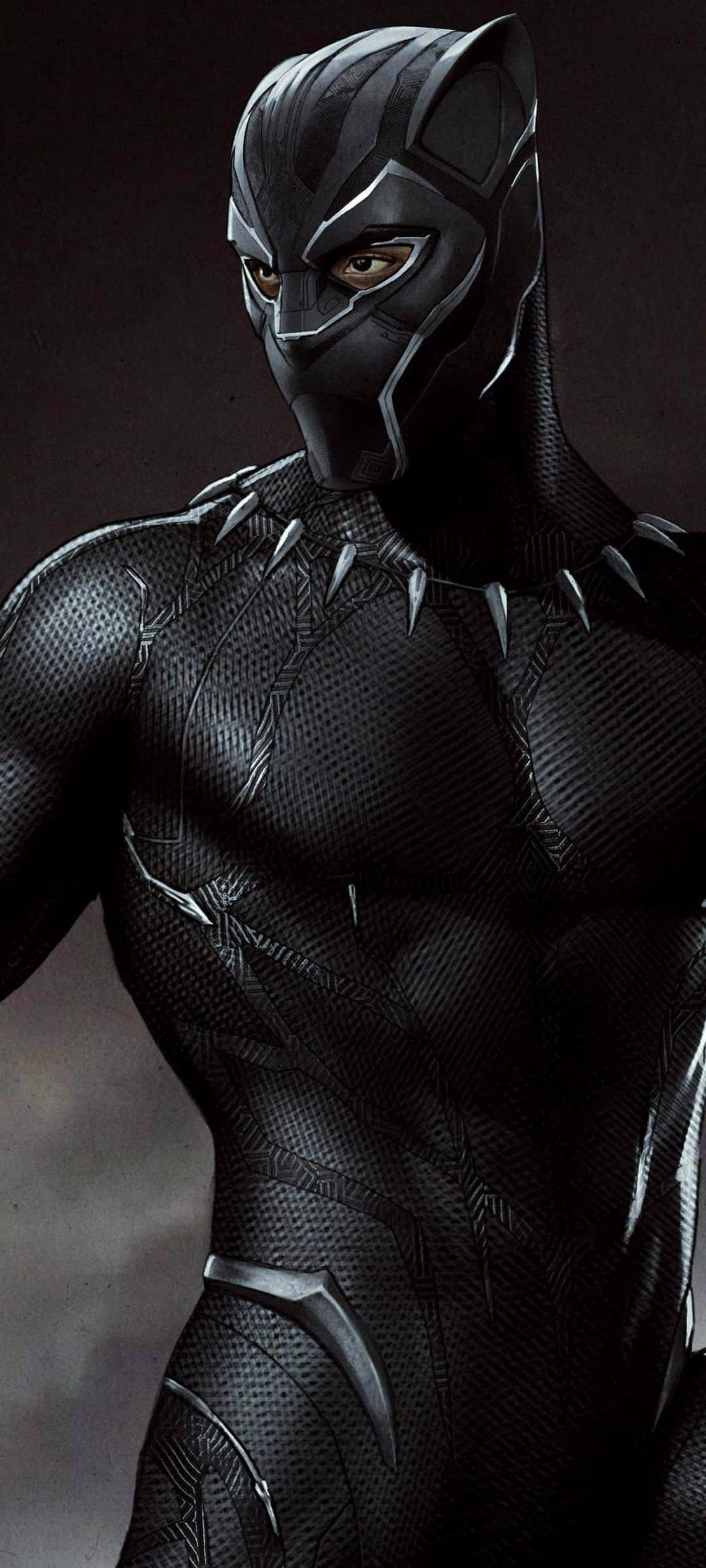 Black Panther Hero 桌布 壁紙 — 肌肉發達的黑豹穿著帶銀色裝飾的時尚黑色套裝，站在陰影黑暗中。