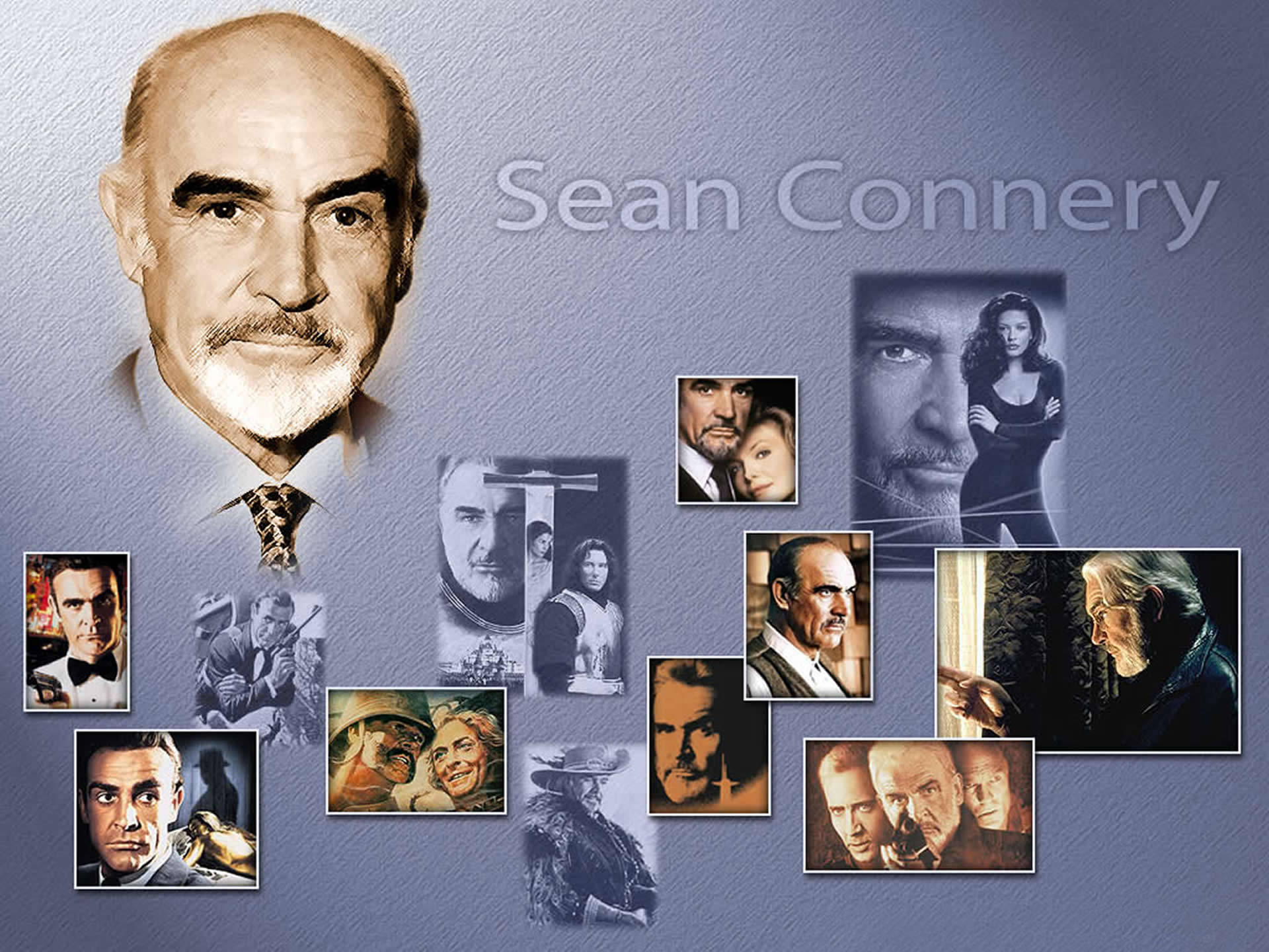Sean Connery 桌布 壁紙 — 肖恩·康納利標誌性電影角色的拼貼畫，圍繞著一個大型肖像，背景為有紋理的藍色。