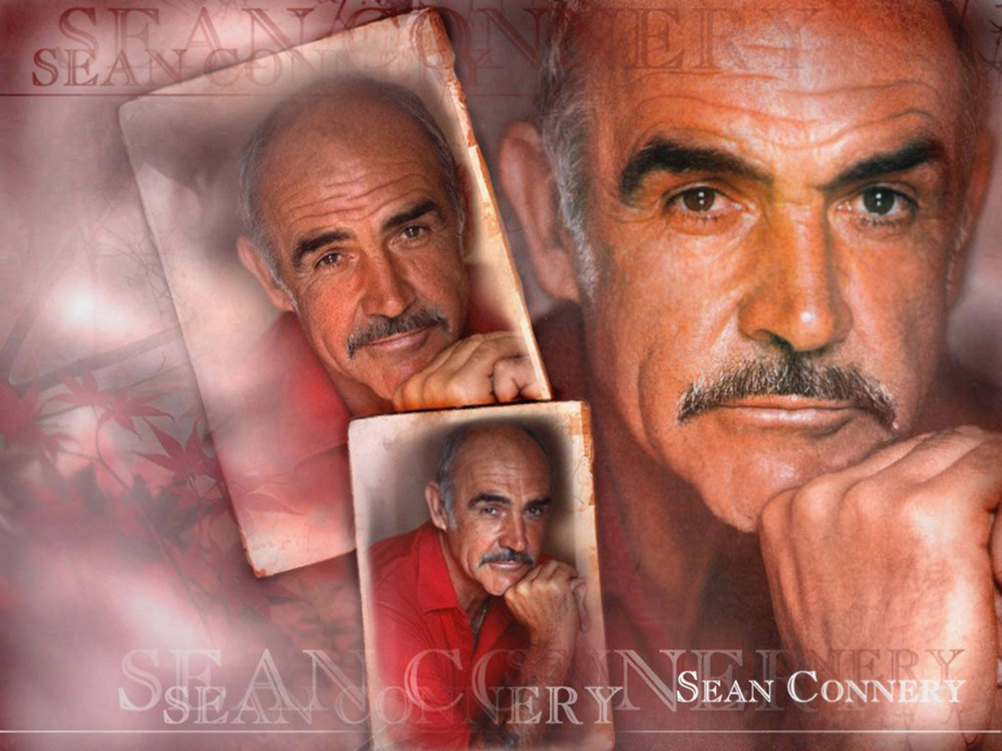 Sean Connery 桌布 壁紙 — 肖恩·康納利的戲劇性肖像拼貼畫，帶有分層照片，背景為煙霧繚繞的紅色和粉紅色。