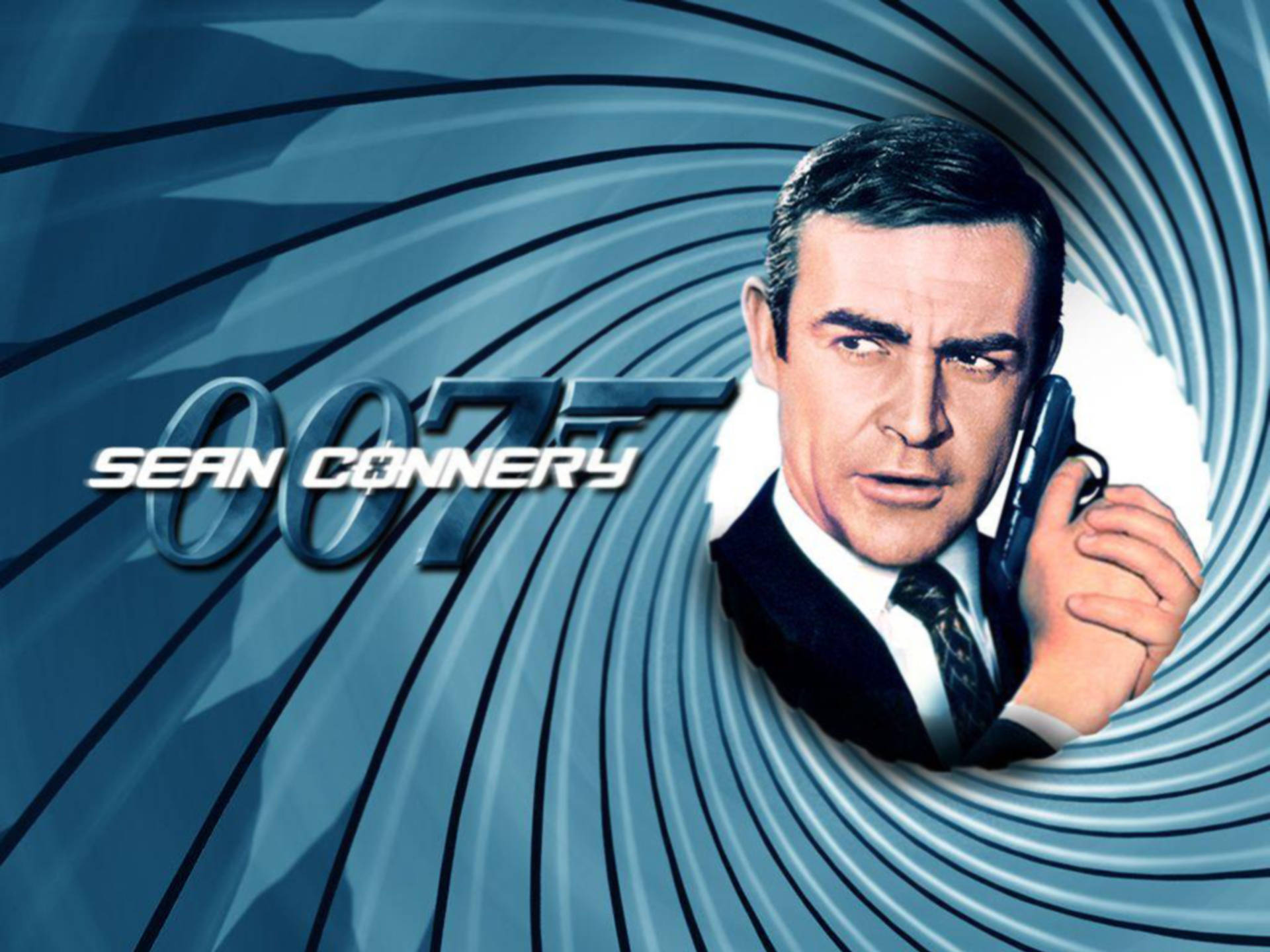 Sean Connery 桌布 壁紙 — 肖恩·康納利飾演的詹姆斯·龐德從旋轉的藍色槍管中出現，帶有「007」標誌。