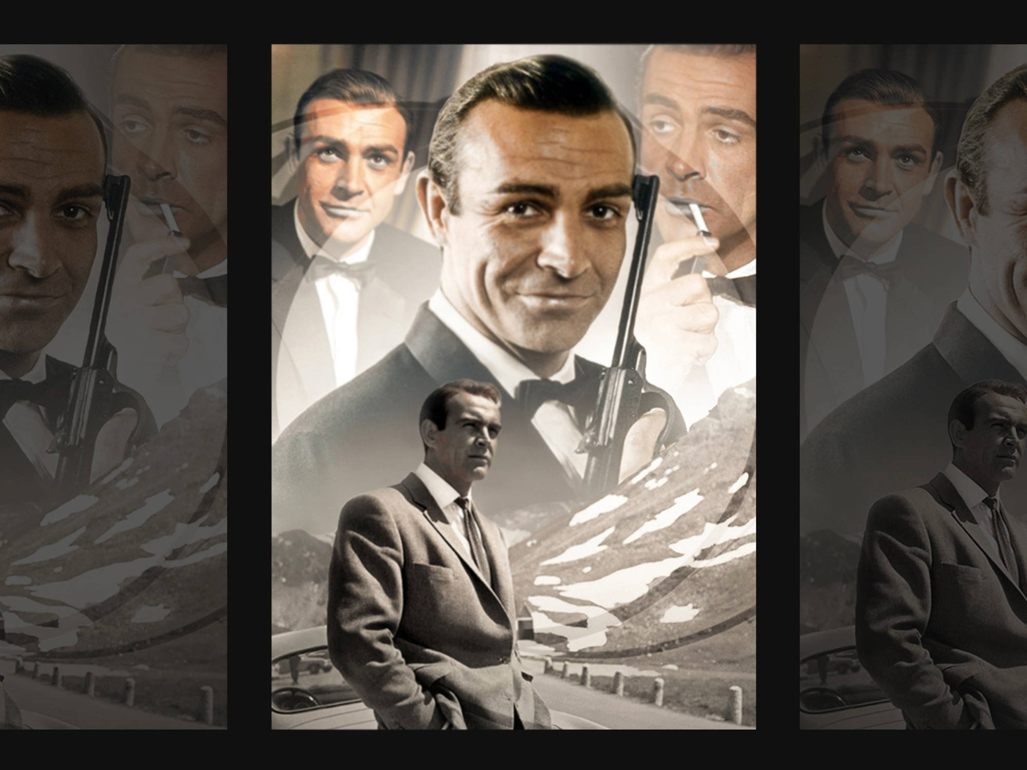 Sean Connery 桌布 壁紙 — 肖恩·康納利飾演詹姆斯·邦德的復古黑白拼貼畫，包含多層重疊的肖像和山脈背景。