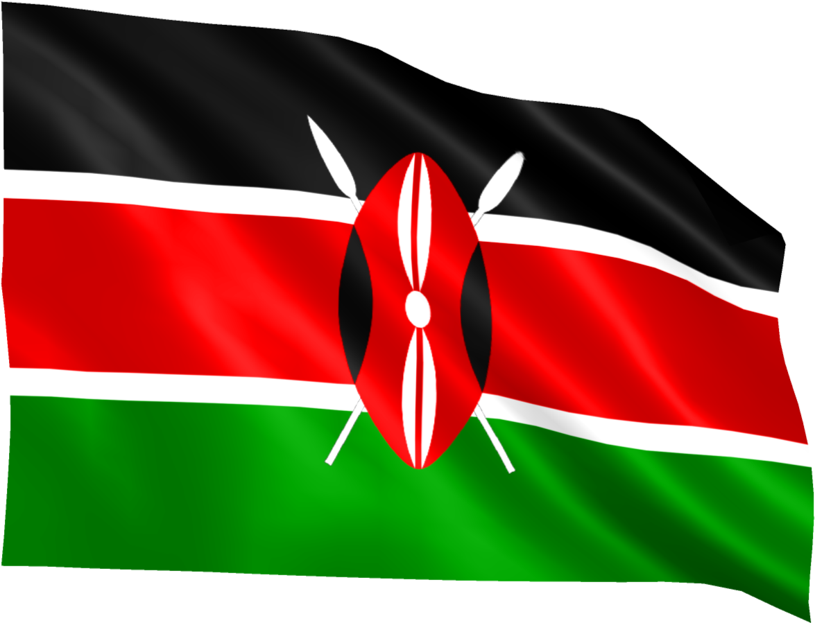 Kenya 桌布 壁紙 — 肯亞國旗在黑色背景上動態飄揚，展示其紅、綠、黑條紋和中央盾牌標誌。