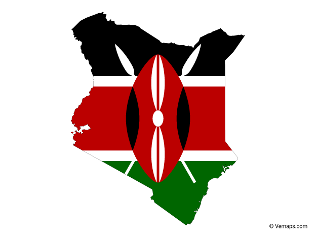 Kenya 桌布 壁紙 — 肯亞國旗填滿其地圖輪廓，帶有紅、白、綠條紋，中央有盾牌，兩側有長矛，背景為黑色。