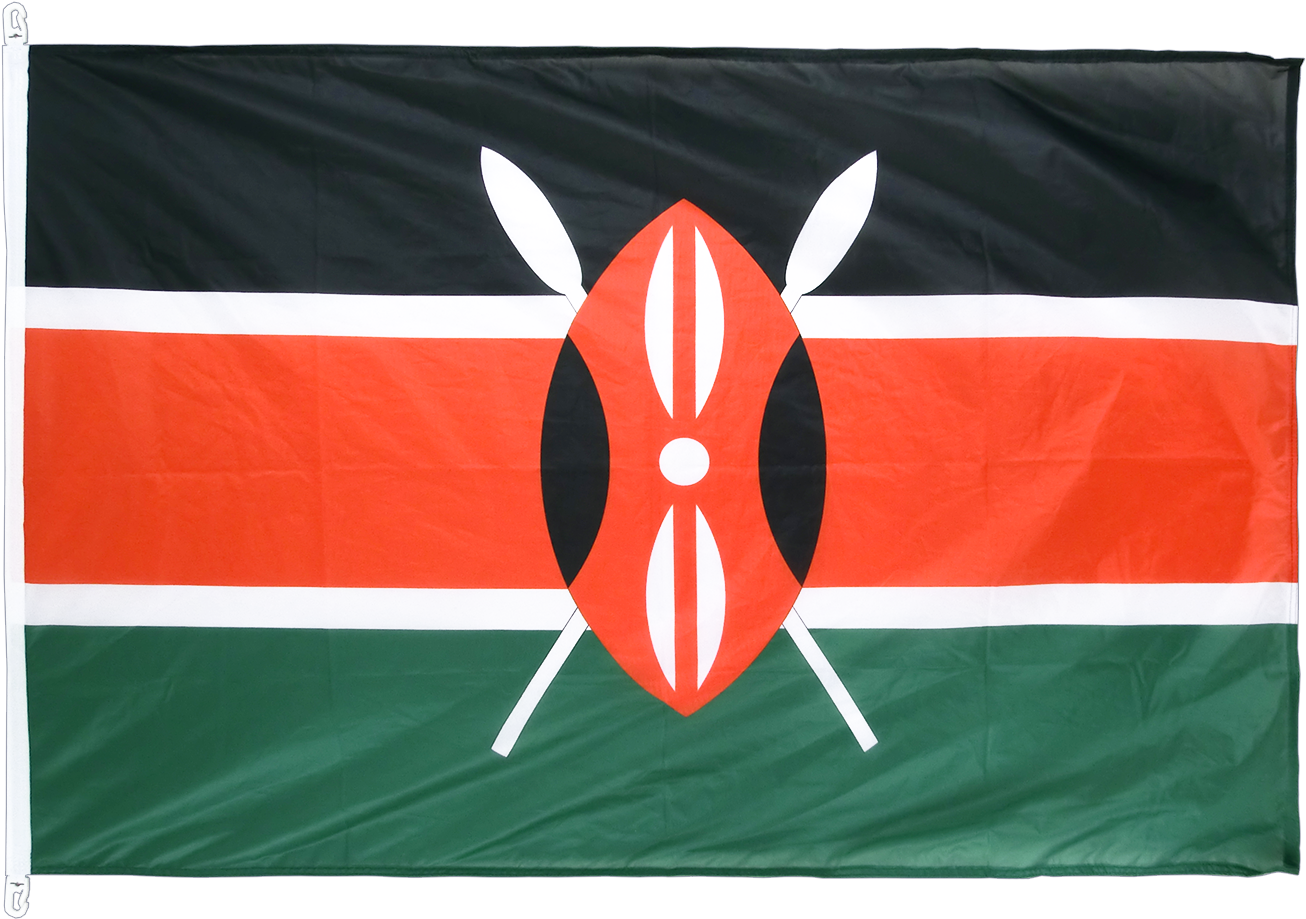 Kenya 桌布 壁紙 — 肯亞國旗的特寫，包含黑色、紅色、白色和綠色條紋，中央有一個紅色盾牌和交叉的白色長矛。