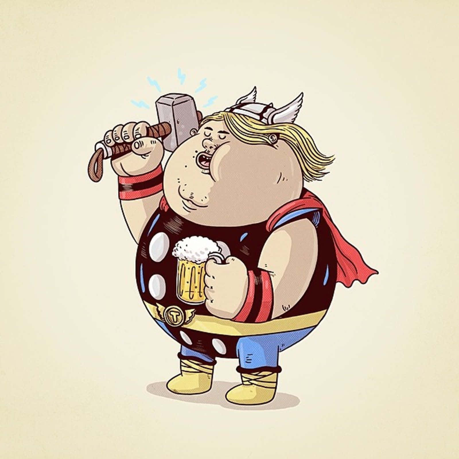 Earth's Mightiest Heroes 桌布 壁紙 — 胖嘟嘟的卡通索爾揮舞著他的錘子，並帶著幸福的表情拿著啤酒杯。