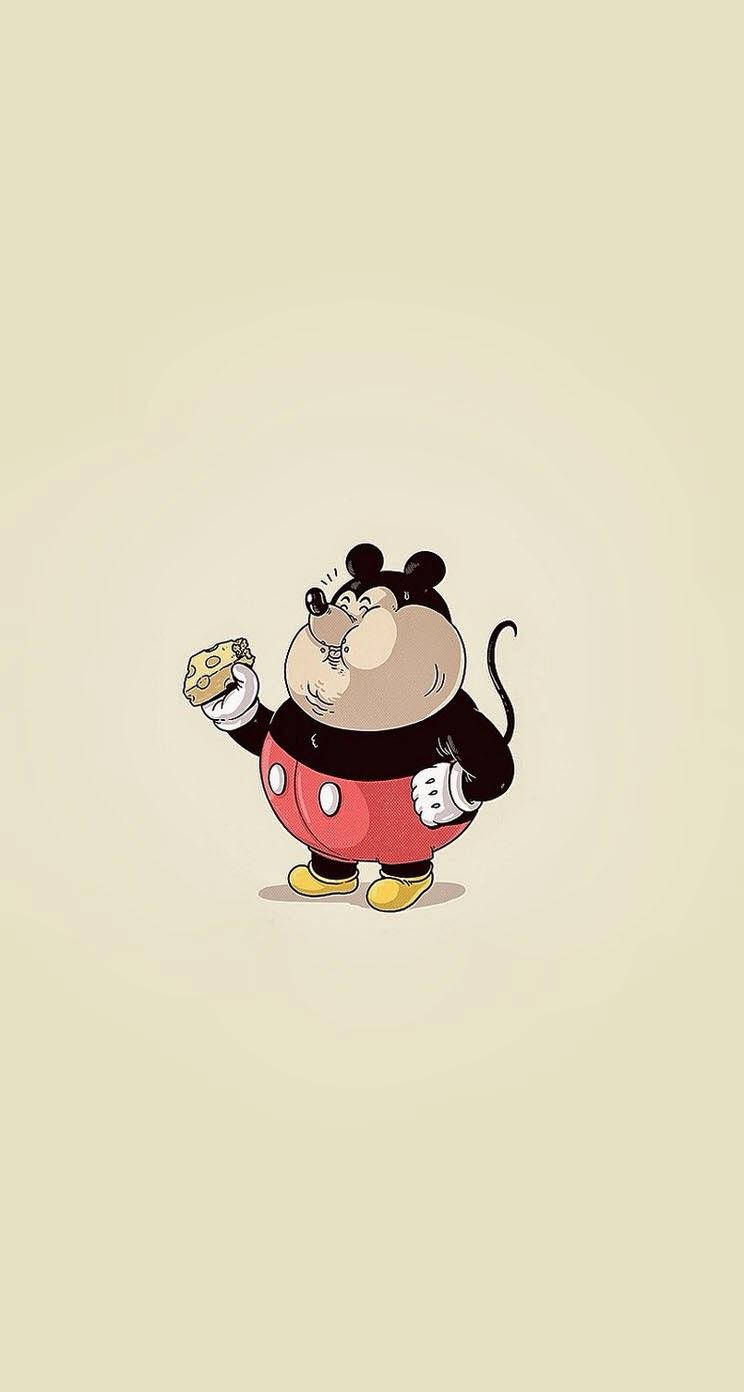 Mickey 桌布 壁紙 — 胖嘟嘟的卡通老鼠穿著紅色短褲，在純米色背景前吃餅乾。