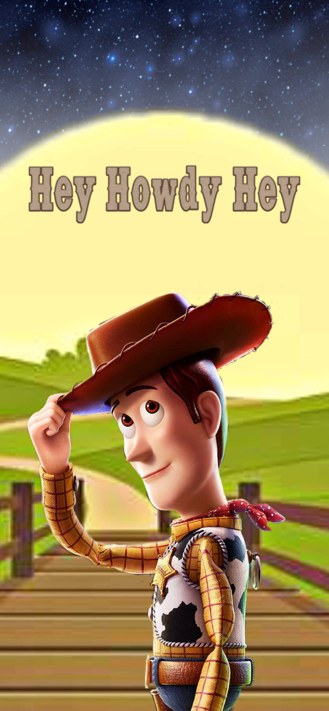 Toy Story 3 桌布 壁紙 — 胡迪牛仔在繁星點點的夜空下愉快地敬禮，身後有一輪發光的月亮。