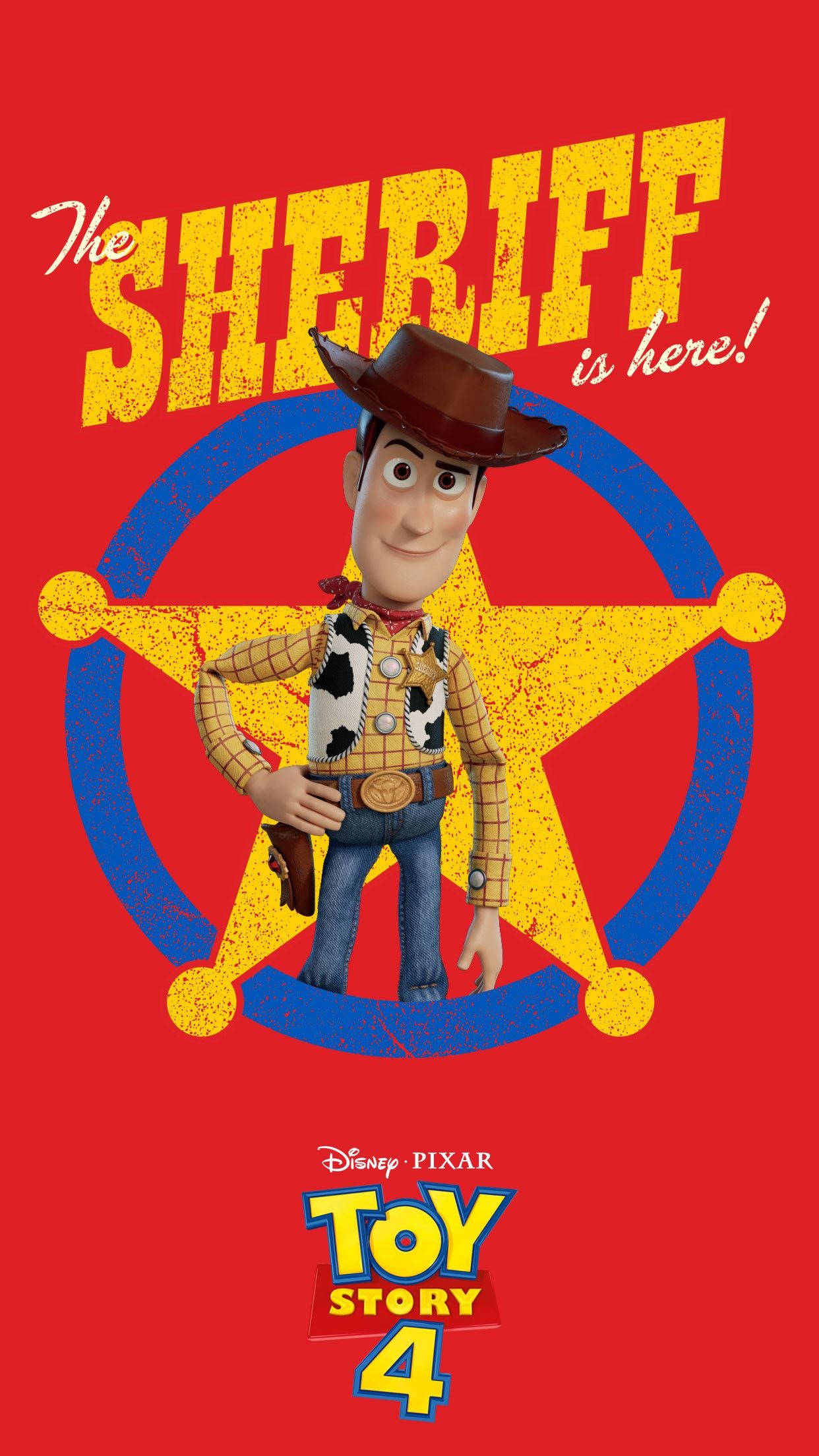 Toy Story 4 桌布 壁紙 — 胡迪牛仔警長自信地站在鮮紅色背景上一個大膽的黃色星星標誌前。