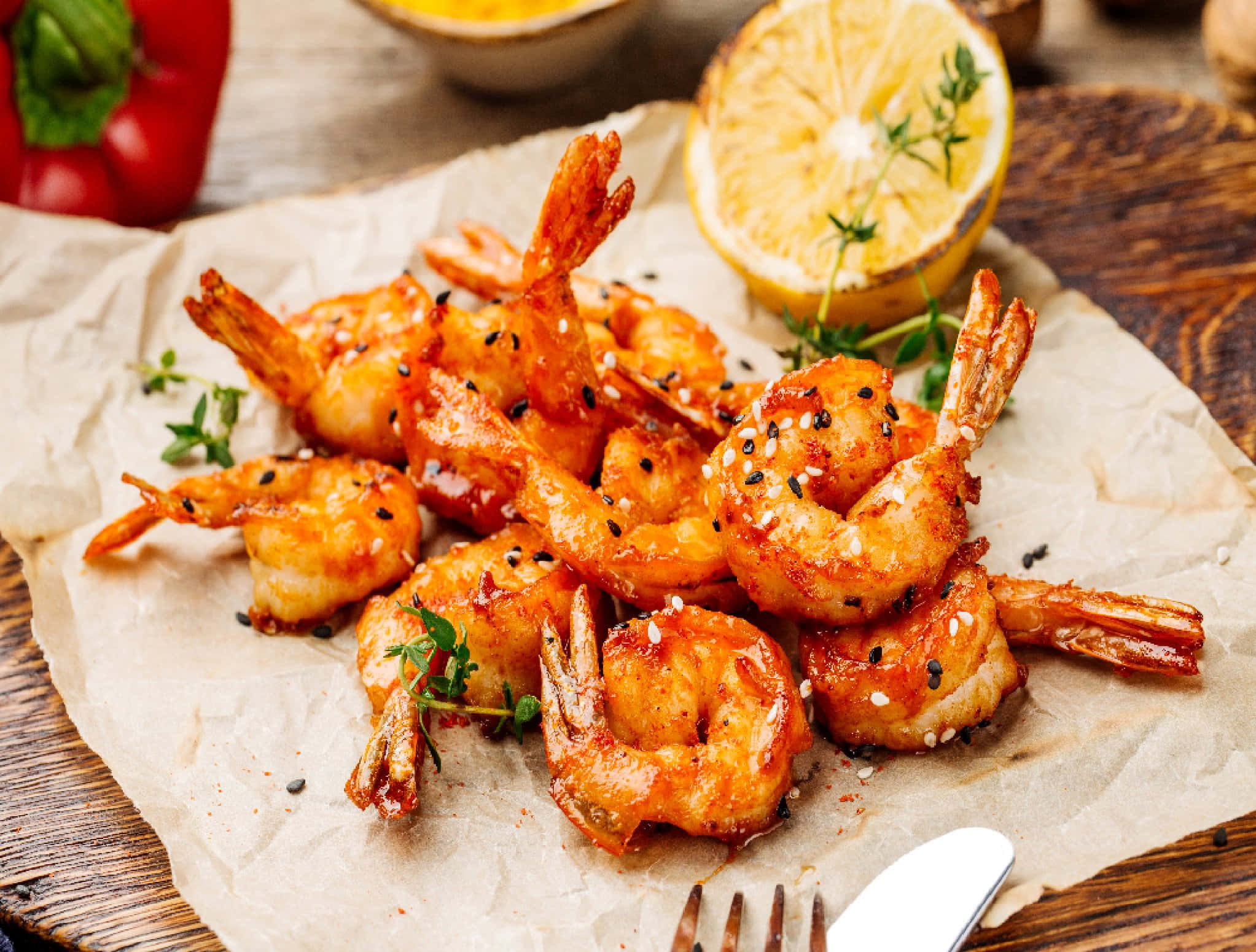 shrimp 桌布 壁紙 — 脆皮釉蝦配芝麻和香草，放在烘焙紙上，旁邊有半顆檸檬和紅椒。