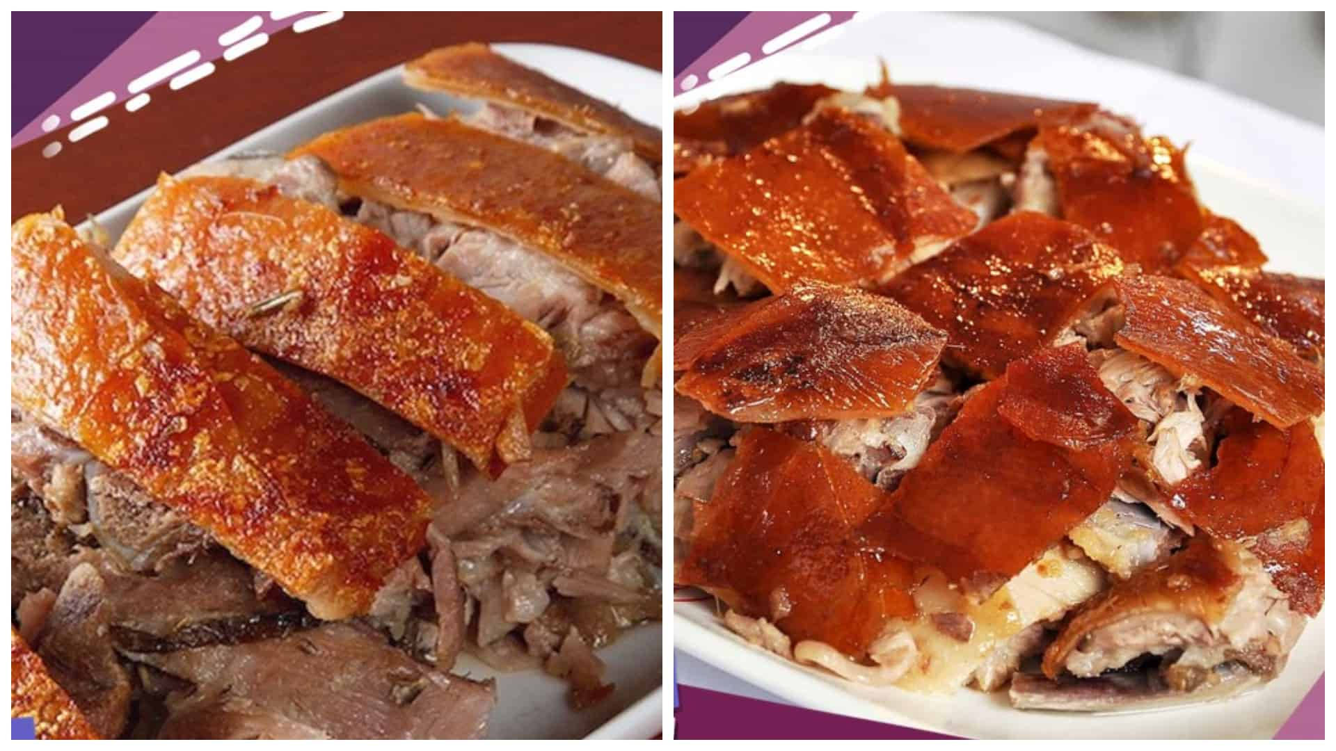 Pig 桌布 壁紙 — 脆皮金黃色烤豬腩片，在白色盤子上泛著油光。