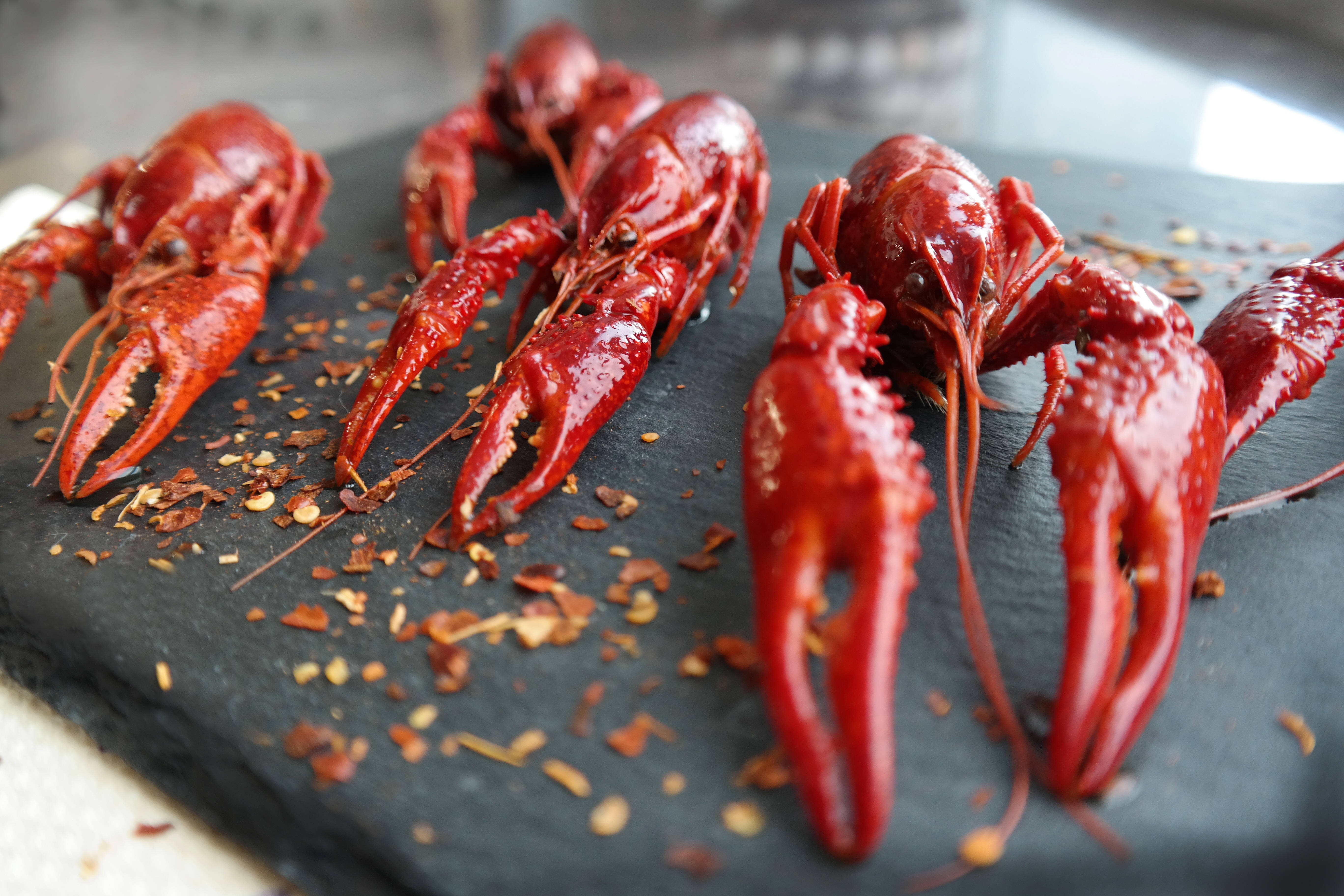 Lobster 桌布 壁紙 — 脆紅小龍蝦尾在深色石板盤上閃耀著香料光澤。