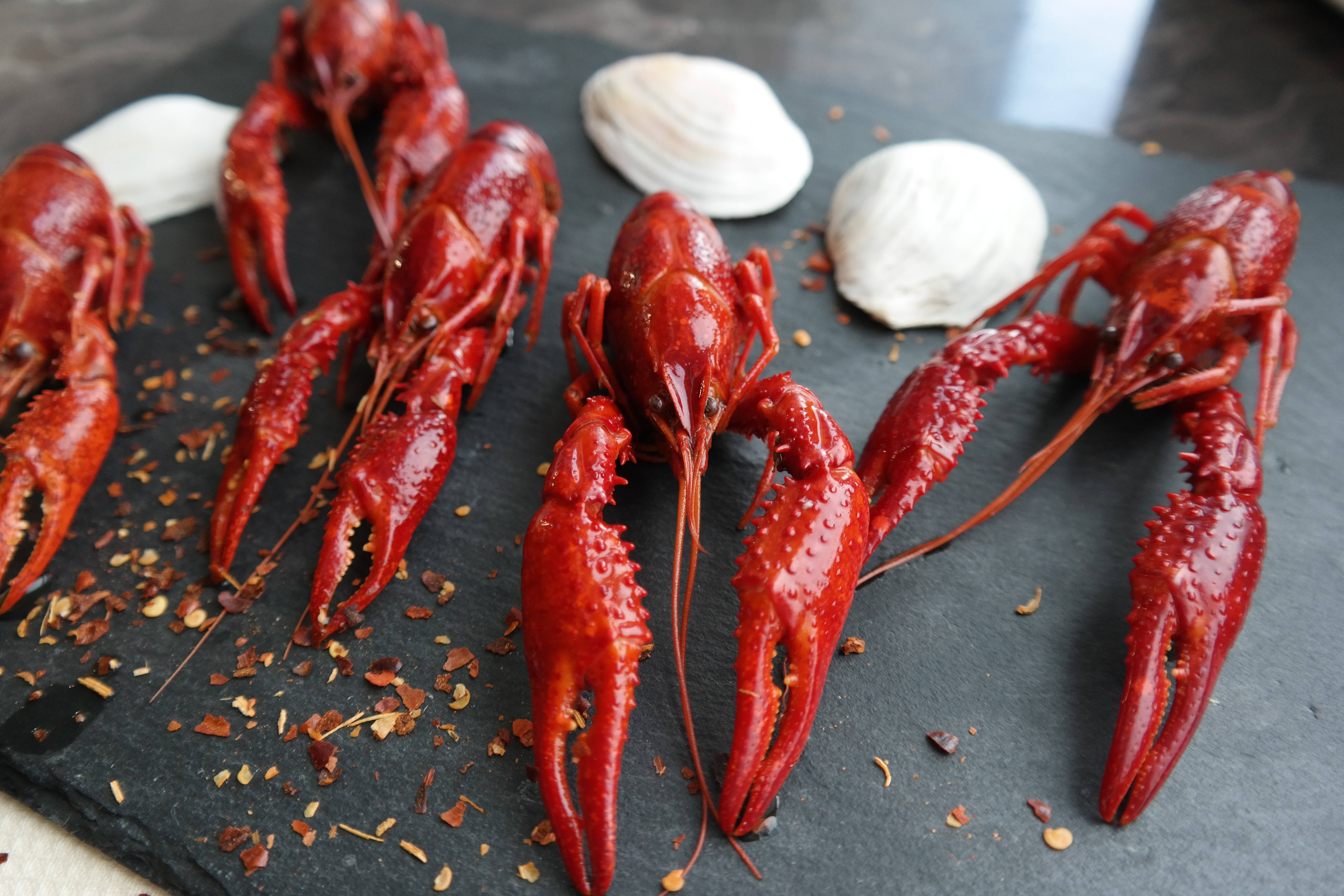 Lobster 桌布 壁紙 — 脆紅小龍蝦尾在深色石板盤上閃閃發光，旁邊有白色蛤蜊和紅辣椒片。