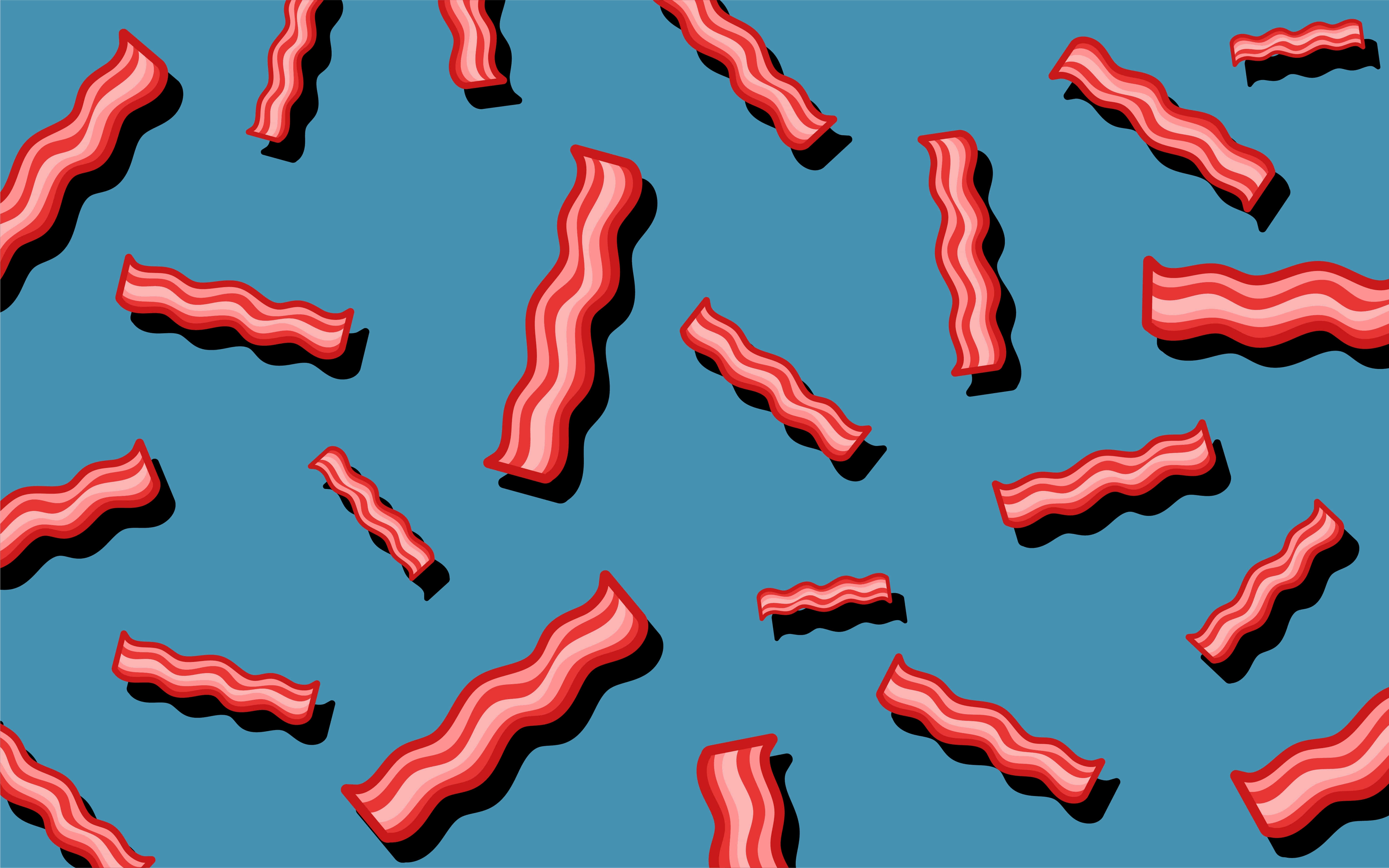 bacon 桌布 壁紙 — 脆脆的培根條漂浮在醒目的藍色背景上，帶有戲劇性的黑色陰影，營造出俏皮的食物圖案。