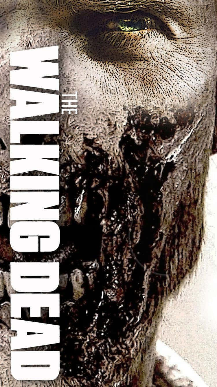 The Walking Dead iPhone 桌布 壁紙 — 腐爛殭屍臉部的特寫，有綠色眼睛和腐肉，背景粗糙有紋理。