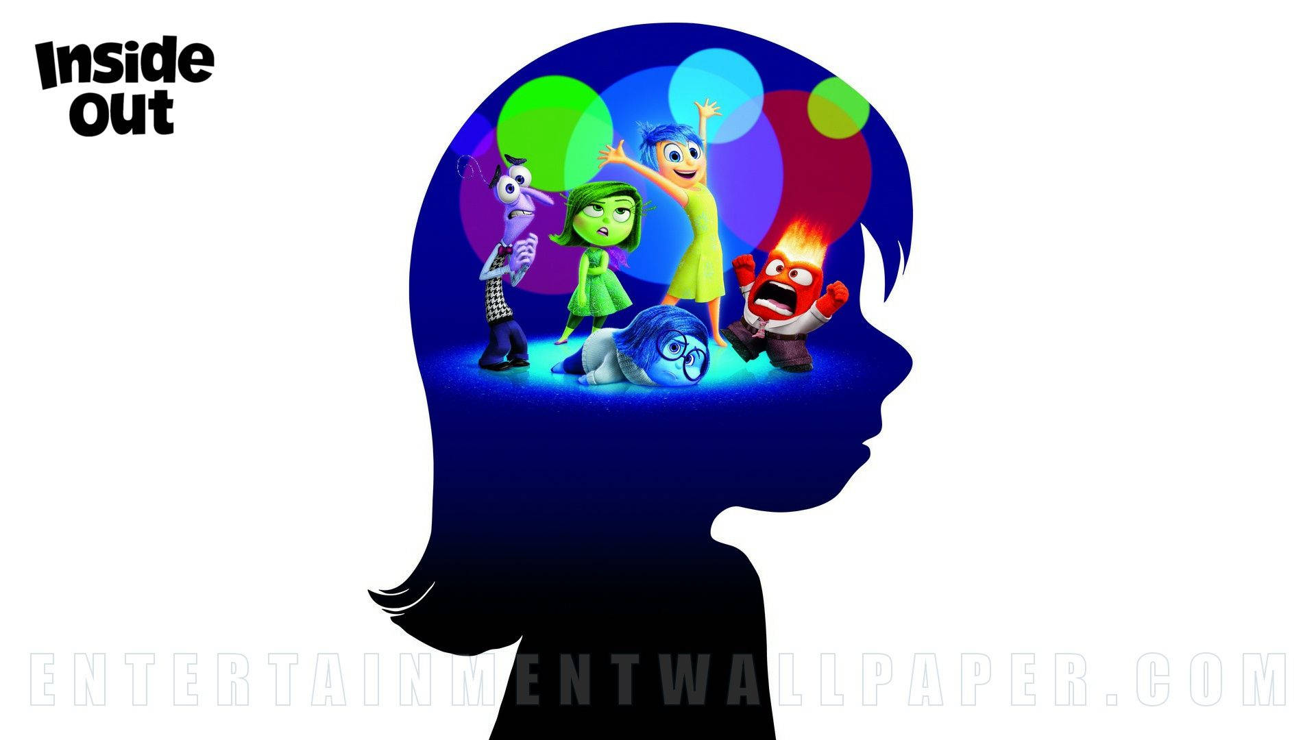 Inside Out 桌布 壁紙 — 《腦筋急轉彎》角色愉快地漂浮在人類頭部剪影內，伴隨著色彩繽紛的情緒球體。