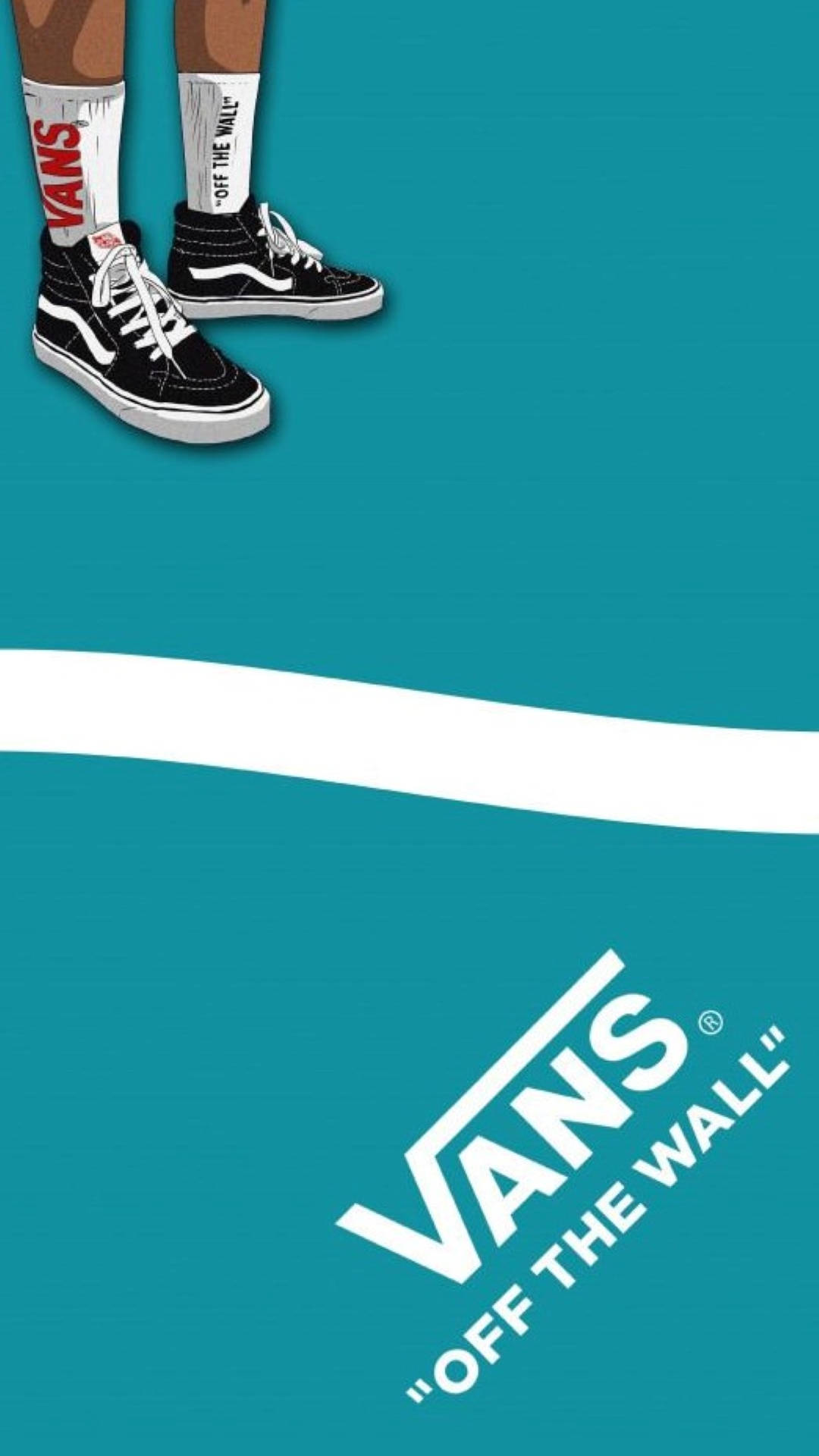 Vans Logo 桌布 壁紙 — 腳穿黑色Vans運動鞋和品牌襪子的特寫，背景為青綠色，帶有白色波浪和標誌。