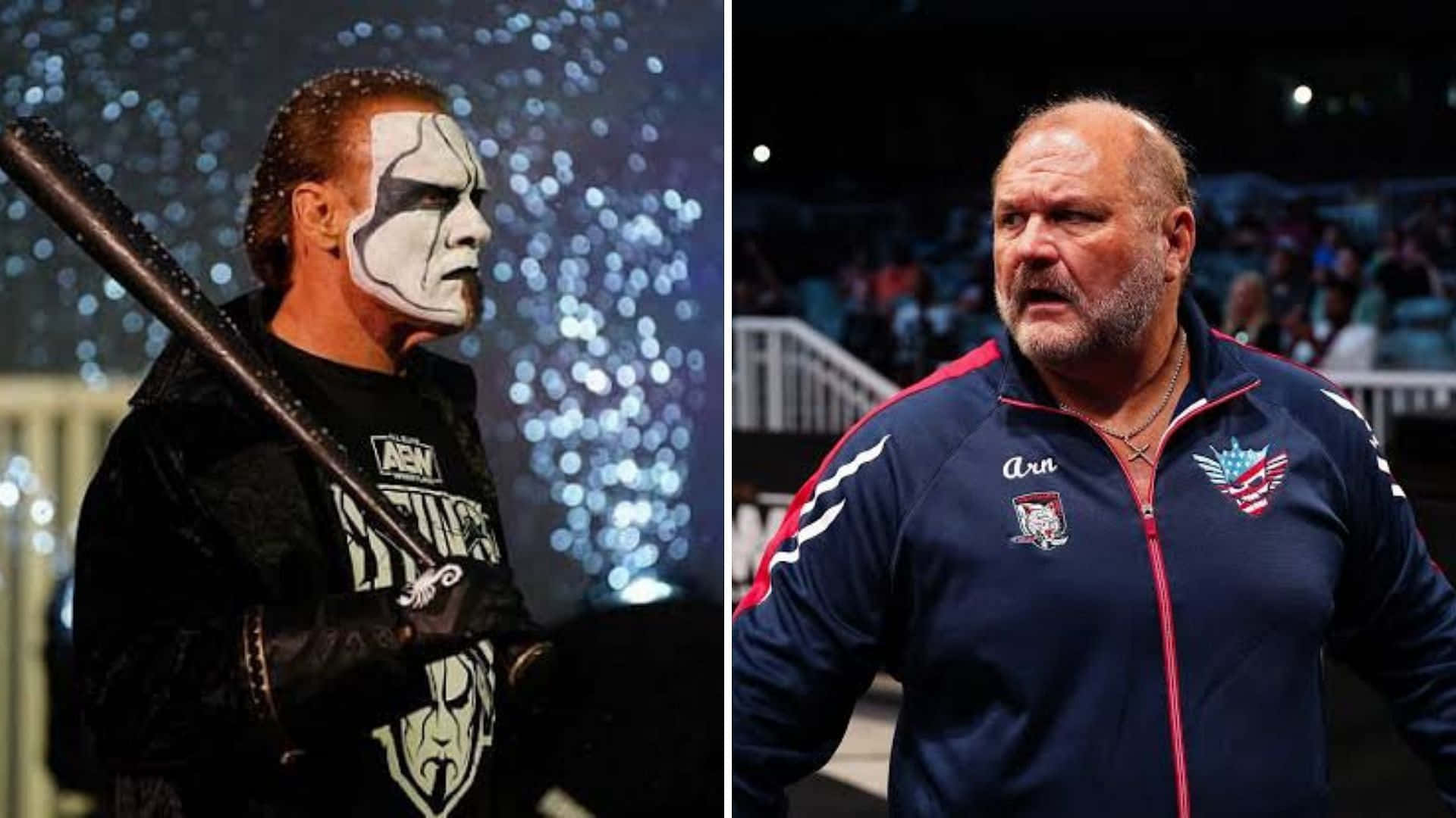 sting 桌布 壁紙 — 臉上塗有白色顏料的摔角手拿著球棒，站在體育館內一位身穿藍色外套的光頭男子旁邊。