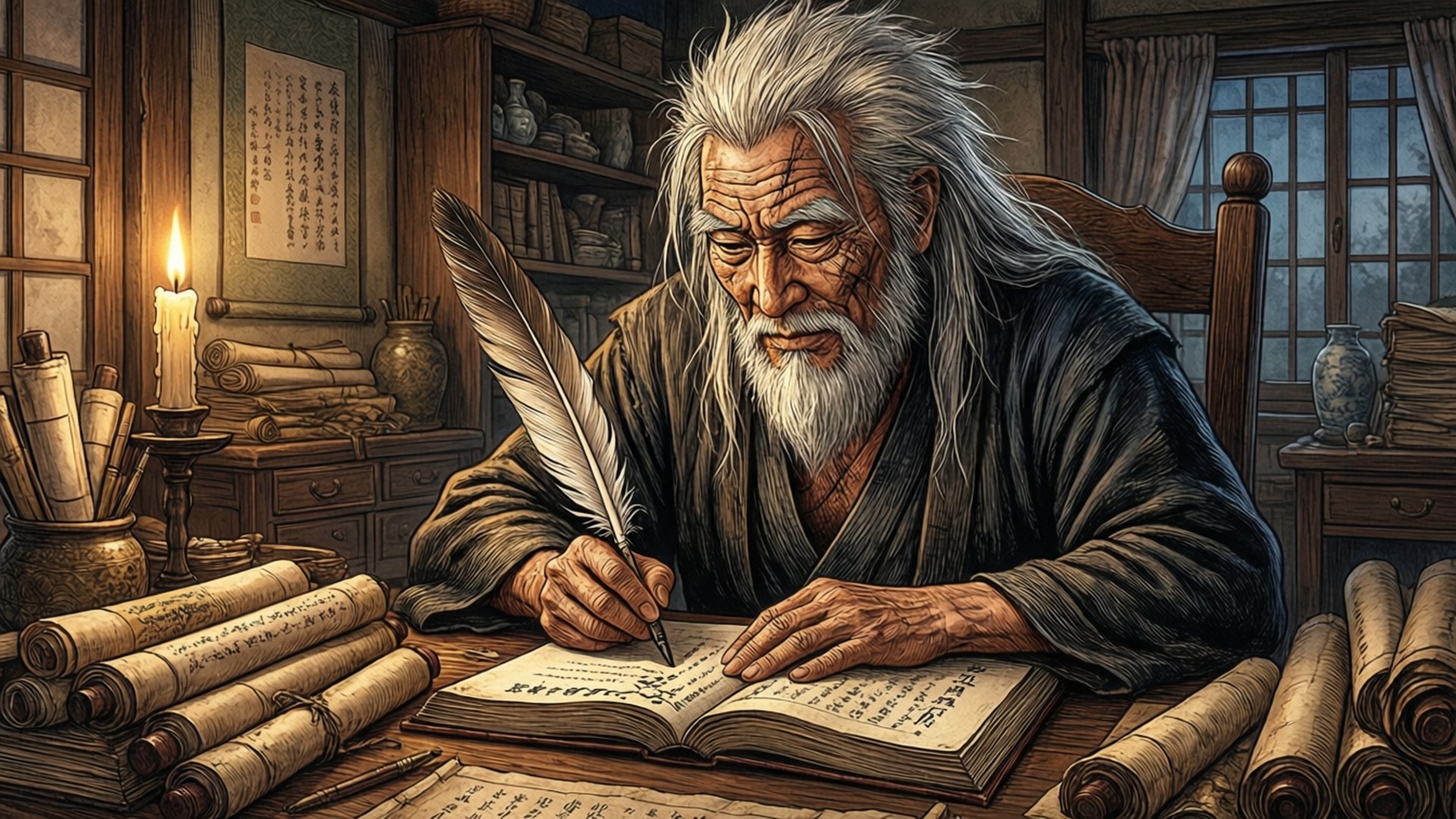 自來也作家 壁紙 — 一位白髮老學者在一間溫暖照明的木質書房裡用羽毛筆書寫，房間裡擺滿了卷軸和書籍。