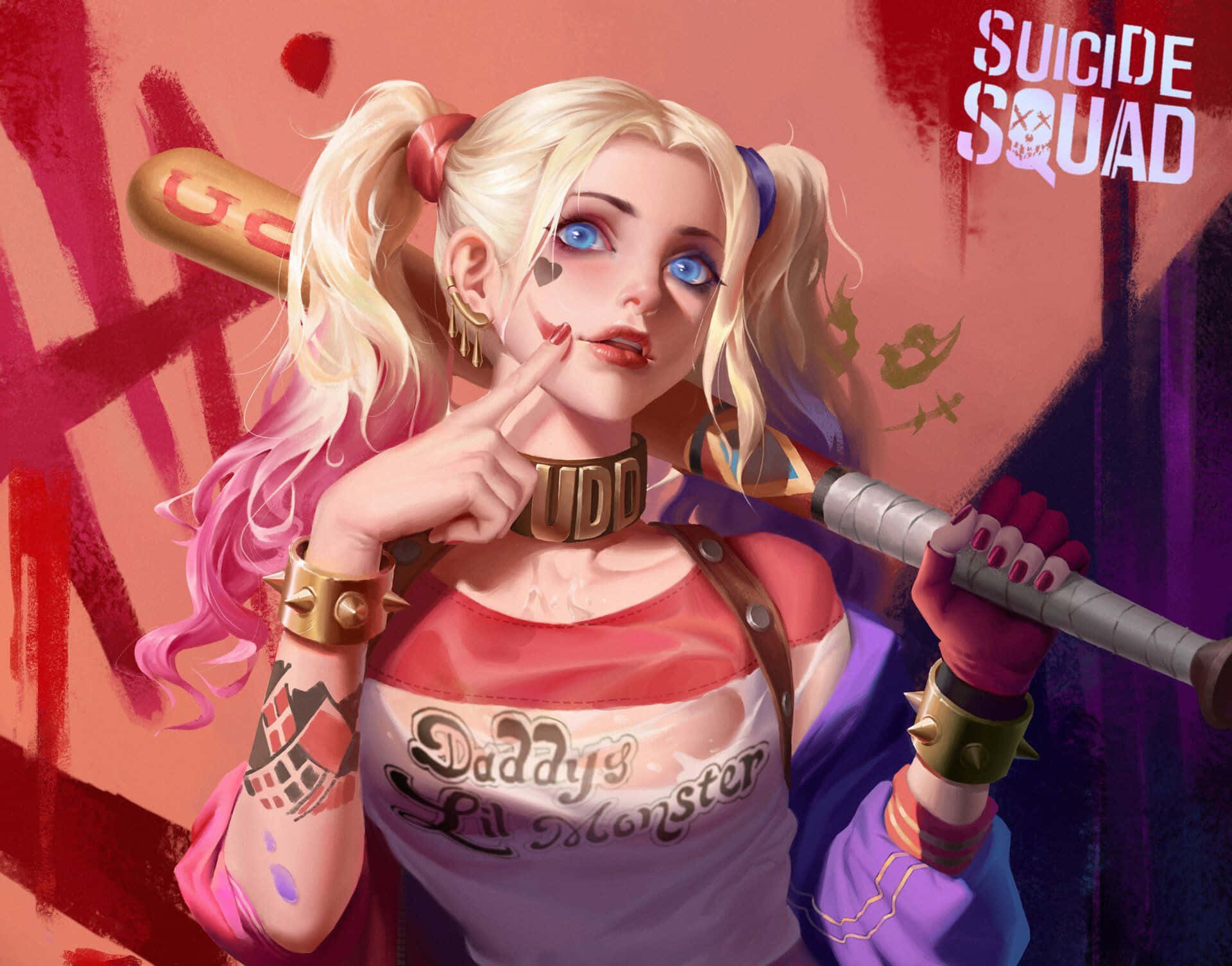 Harley Quinn Baseball Bat 桌布 壁紙 — 自殺突擊隊的小丑女哈莉·奎茵以充滿活力的漫畫風格，在塗鴉牆前拿著棒球棍擺姿勢。