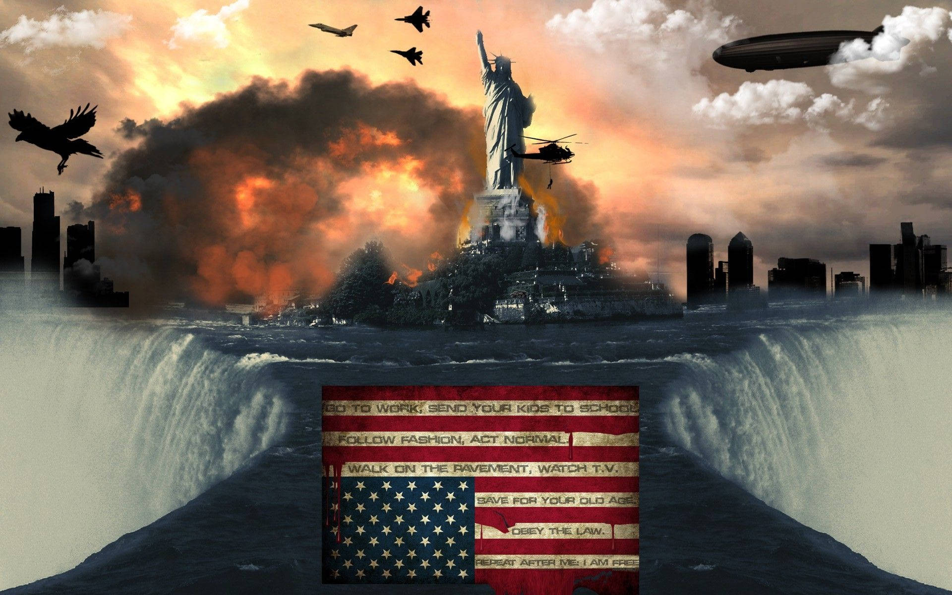 Military American Flag 桌布 壁紙 — 自由女神像在燃燒的島嶼上屹立不搖，戰機和飛船飛越有瀑布流經的城市景觀。