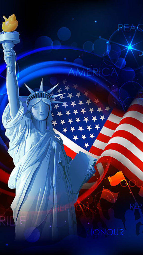 American Flag iPhone 桌布 壁紙 — 自由女神像手持火炬，站在發光的美國國旗前，背景是宇宙藍色，帶有愛國字句。