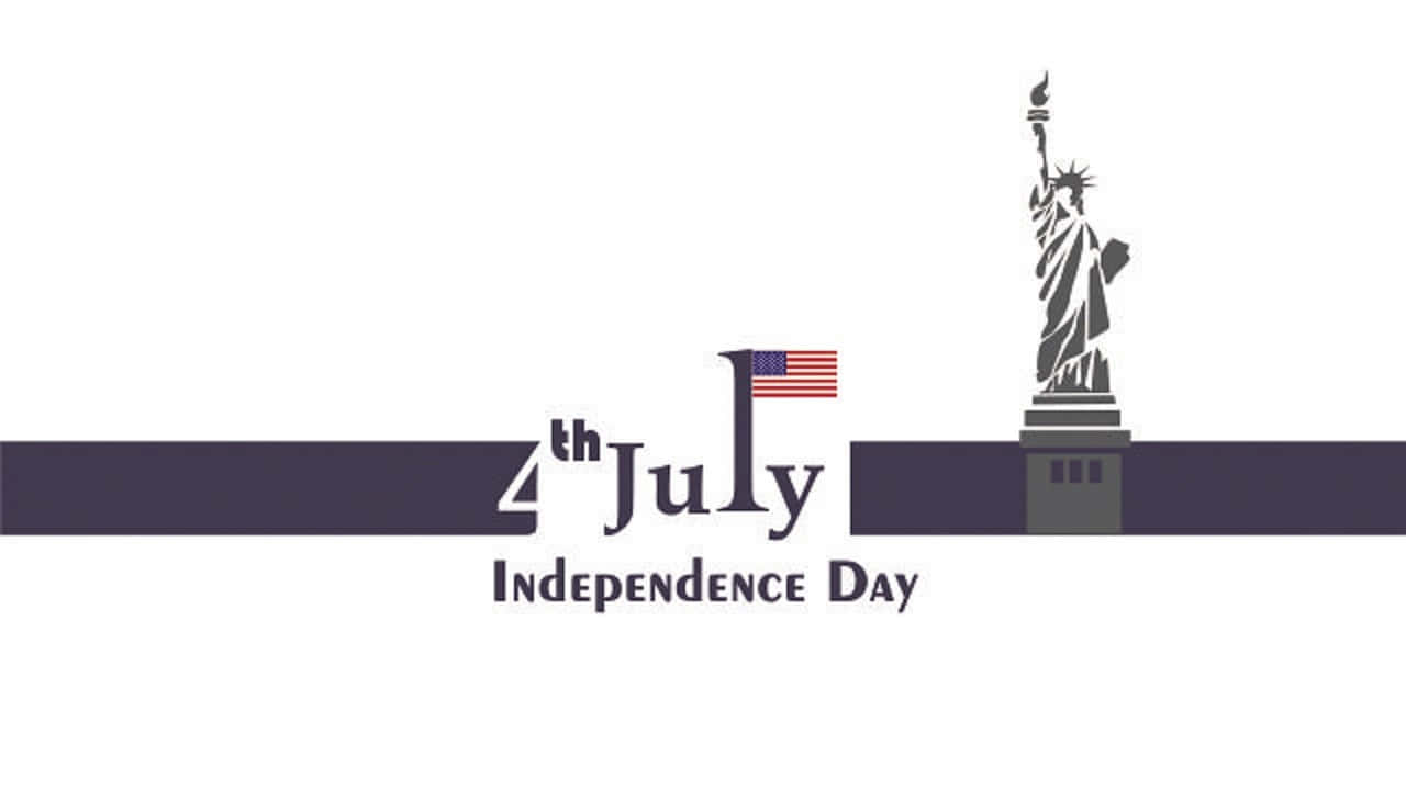 Happy Fourth Of July 桌布 壁紙 — 自由女神像手持火炬、美國國旗和慶祝7月4日獨立日的極簡圖形。