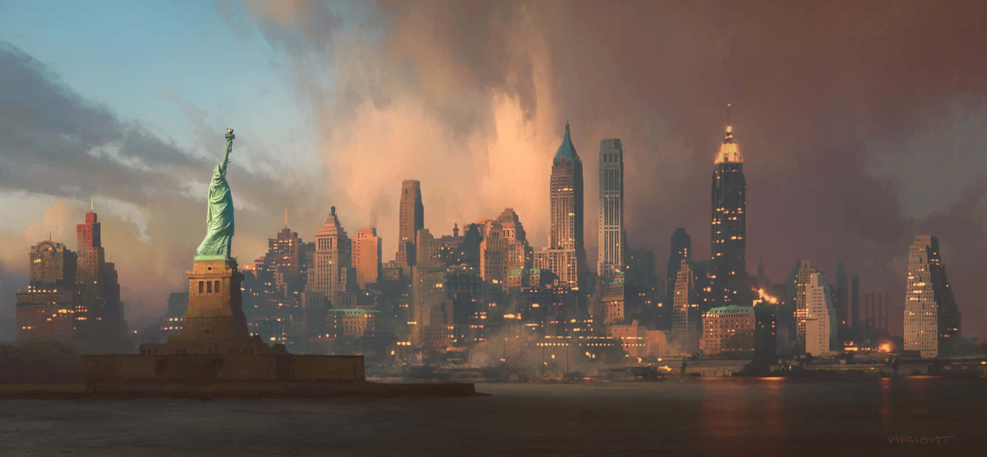 New York Art 桌布 壁紙 — 自由女神像矗立在黃昏時分閃爍的紐約天際線前，溫暖的燈光倒映在水面上。