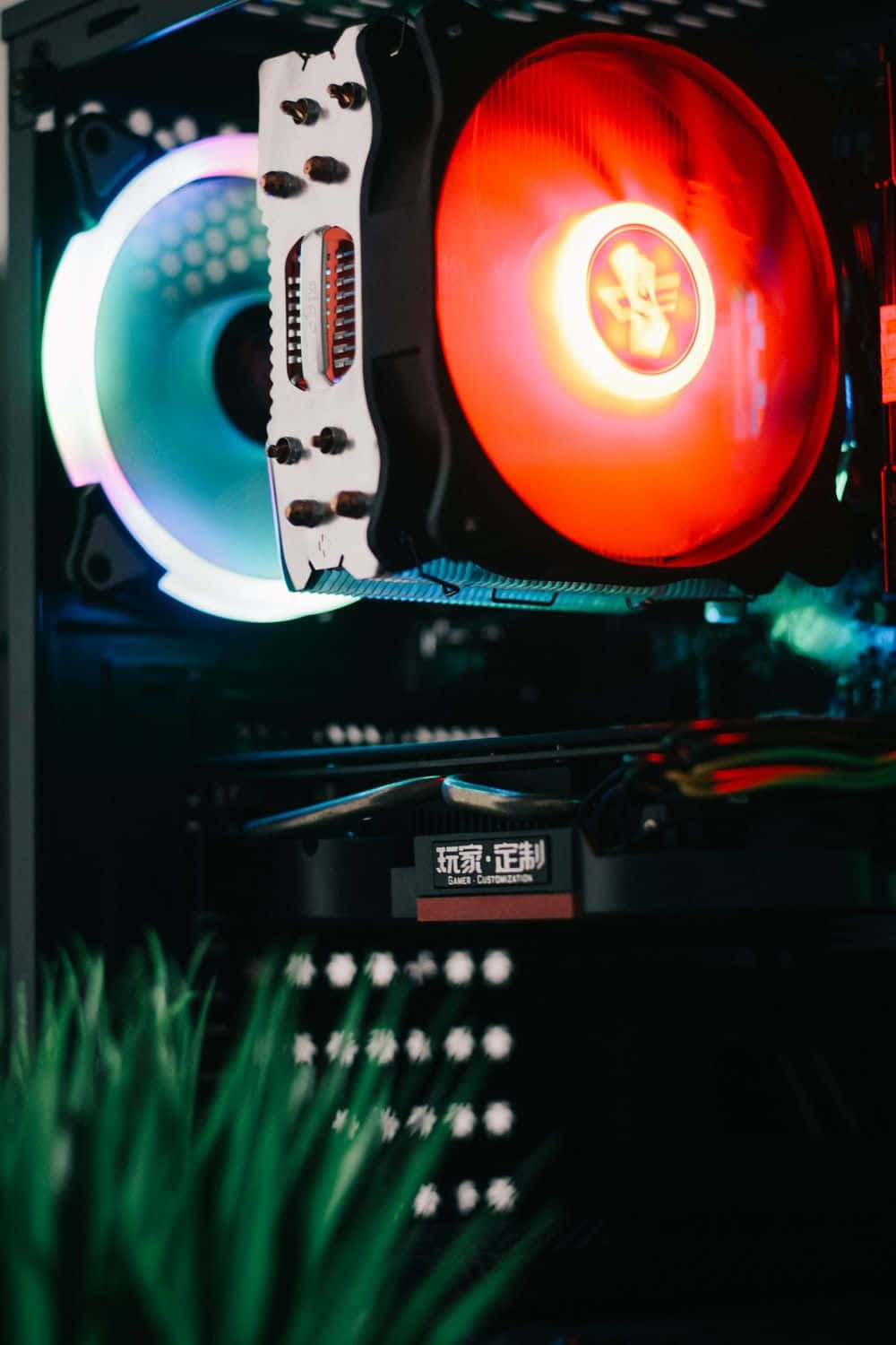 Gaming Setup 桌布 壁紙 — 自訂PC機殼內部發光RGB風扇的特寫，前景有綠色植物。