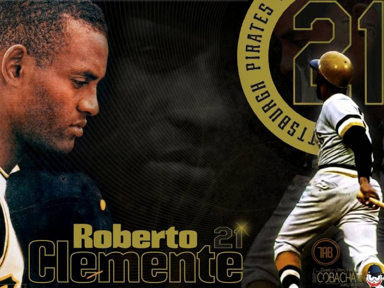 Roberto 桌布 壁紙 — 致敬桌布， featuring Roberto Clemente 的側面和動作姿勢，附有匹茲堡海盜隊標誌和21號。