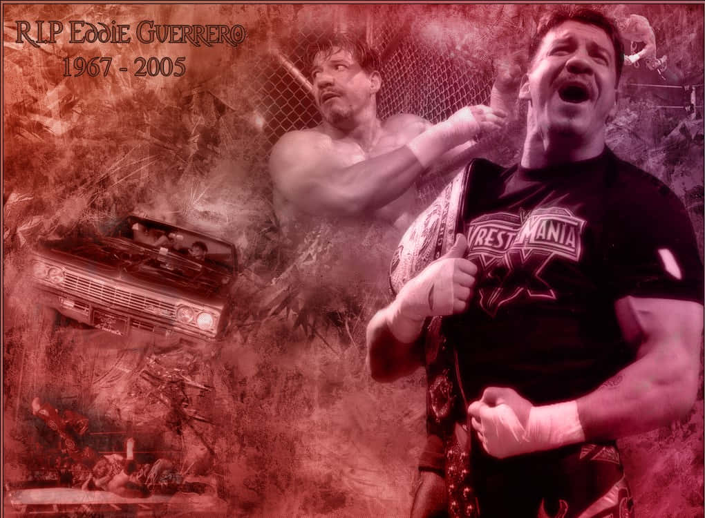 Wrestling 桌布 壁紙 — 致敬桌布，以紅色色調拼貼呈現摔角手埃迪·格雷羅，包含冠軍腰帶和復古汽車。