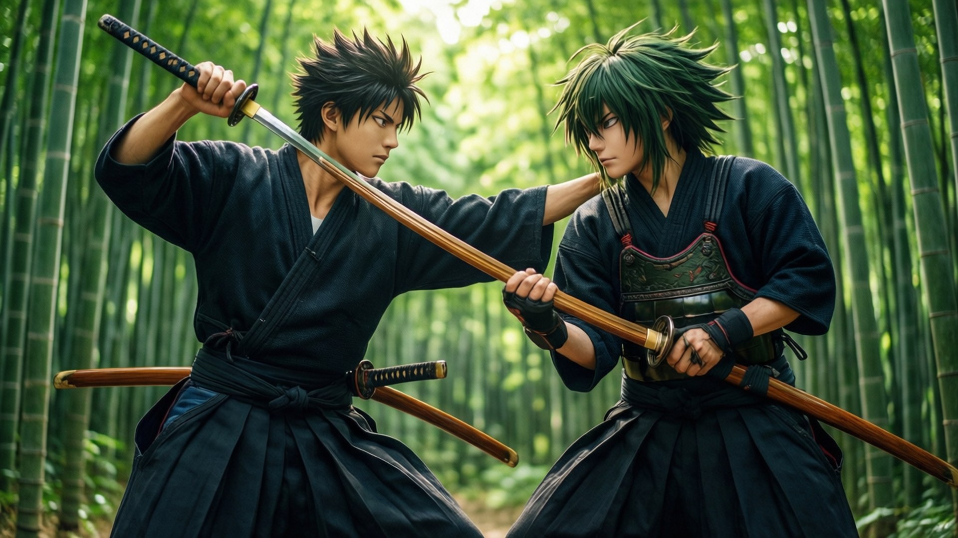 與錆兔一同訓練 壁紙 — 兩位動漫風格的武士在陽光明媚的竹林中用木劍決鬥。