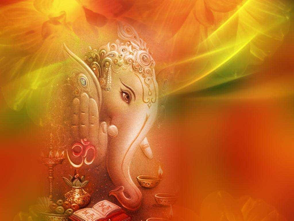 Ganesh 桌布 壁紙 — 舉手的象頭神，周圍環繞神聖符號和溫暖燦爛的色彩，散發光芒。