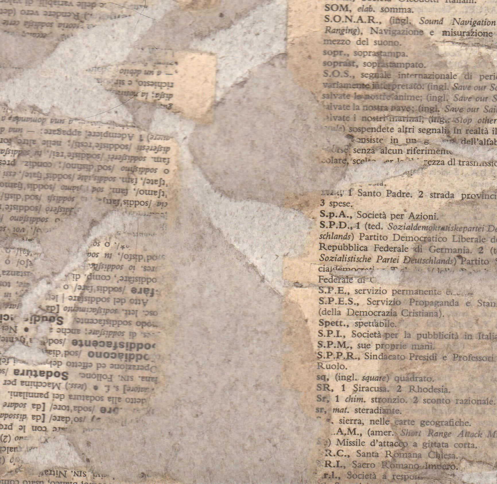Dadaism 桌布 壁紙 — 舊字典頁面特寫，帶有污漬、褪色的義大利文文字和磨損的邊緣。